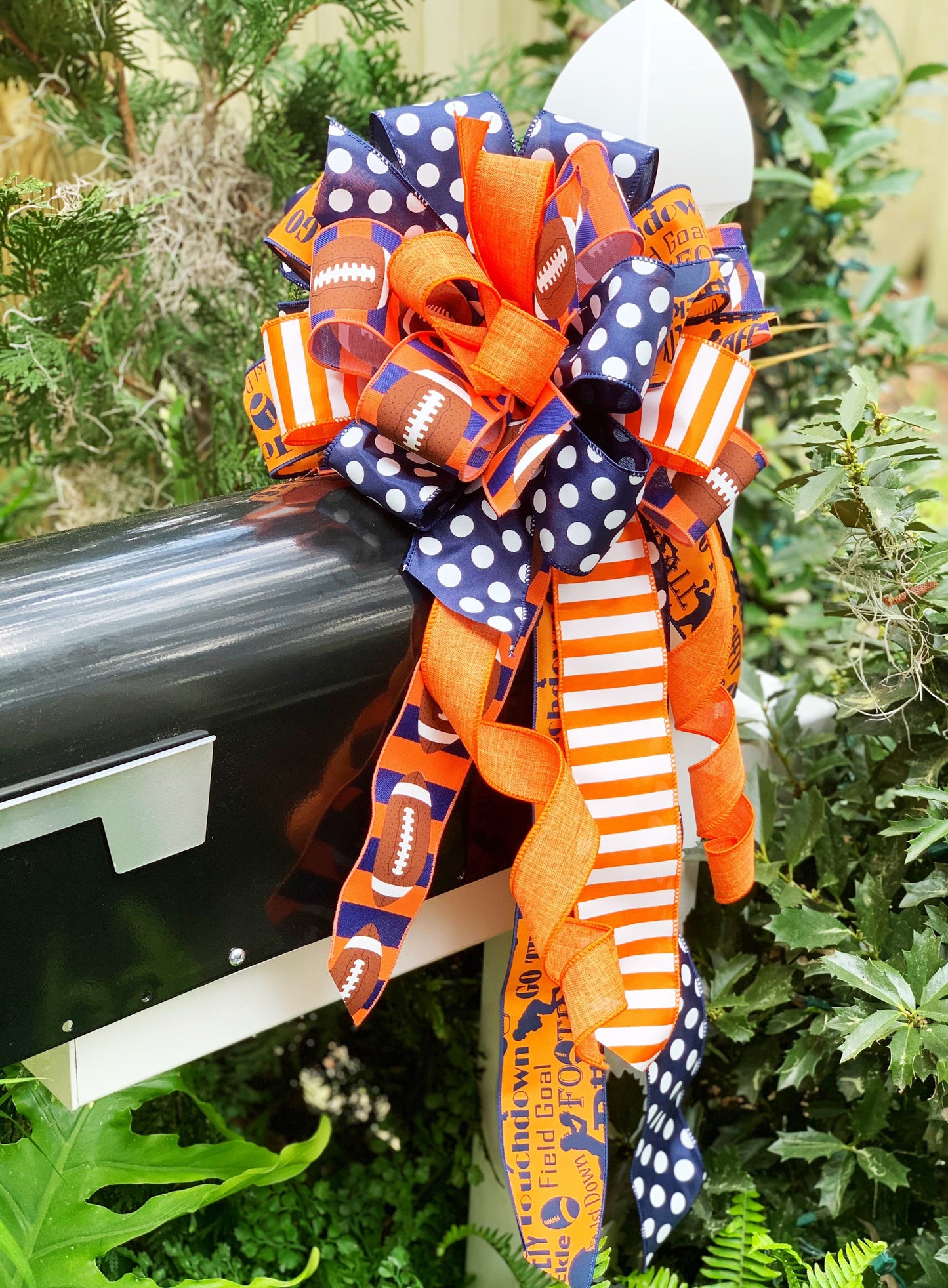 Sports Collection - Orange/Blue Bow,Orange Bow,Football Bow, Football,Decor,Mailbox Bow,Wreath Bow,Large Bow,Bow,Bows