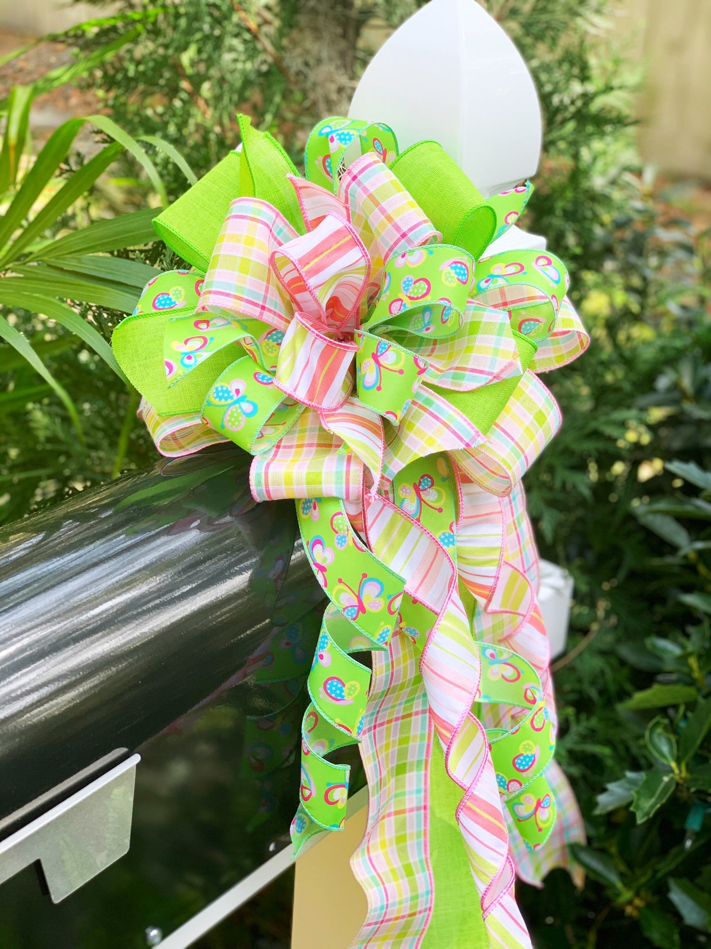 Spring Bow in Green & Light Pink Featuring Butterflies. Perfect for Mailbox, Door, and Wreath.