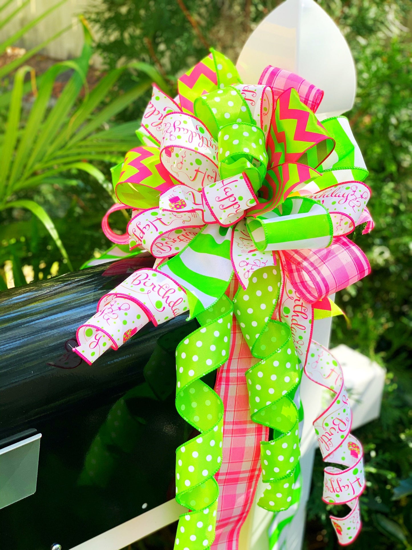 Birthday Bow in Vibrant Pink and Green Ribbon. Perfect for Mailbox, Door, and Wreath.