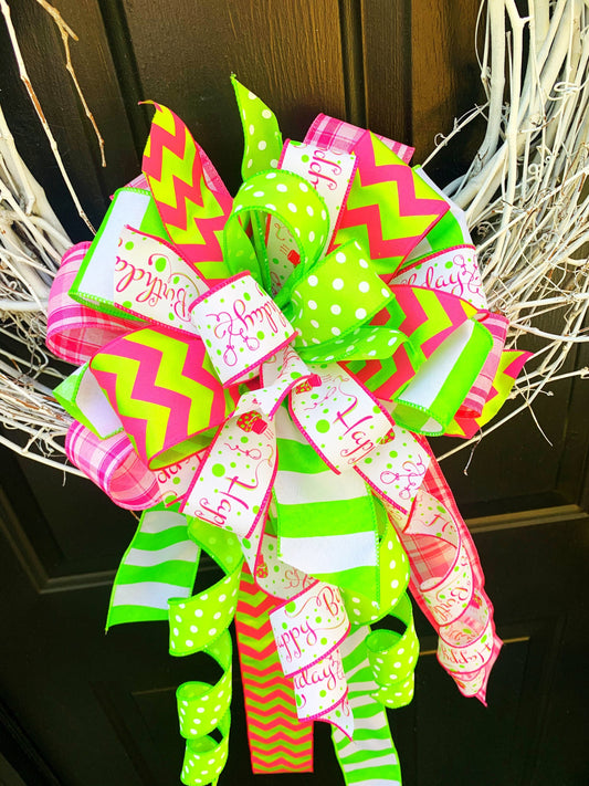 Birthday Bow in Vibrant Pink and Green Ribbon. Perfect for Mailbox, Door, and Wreath.