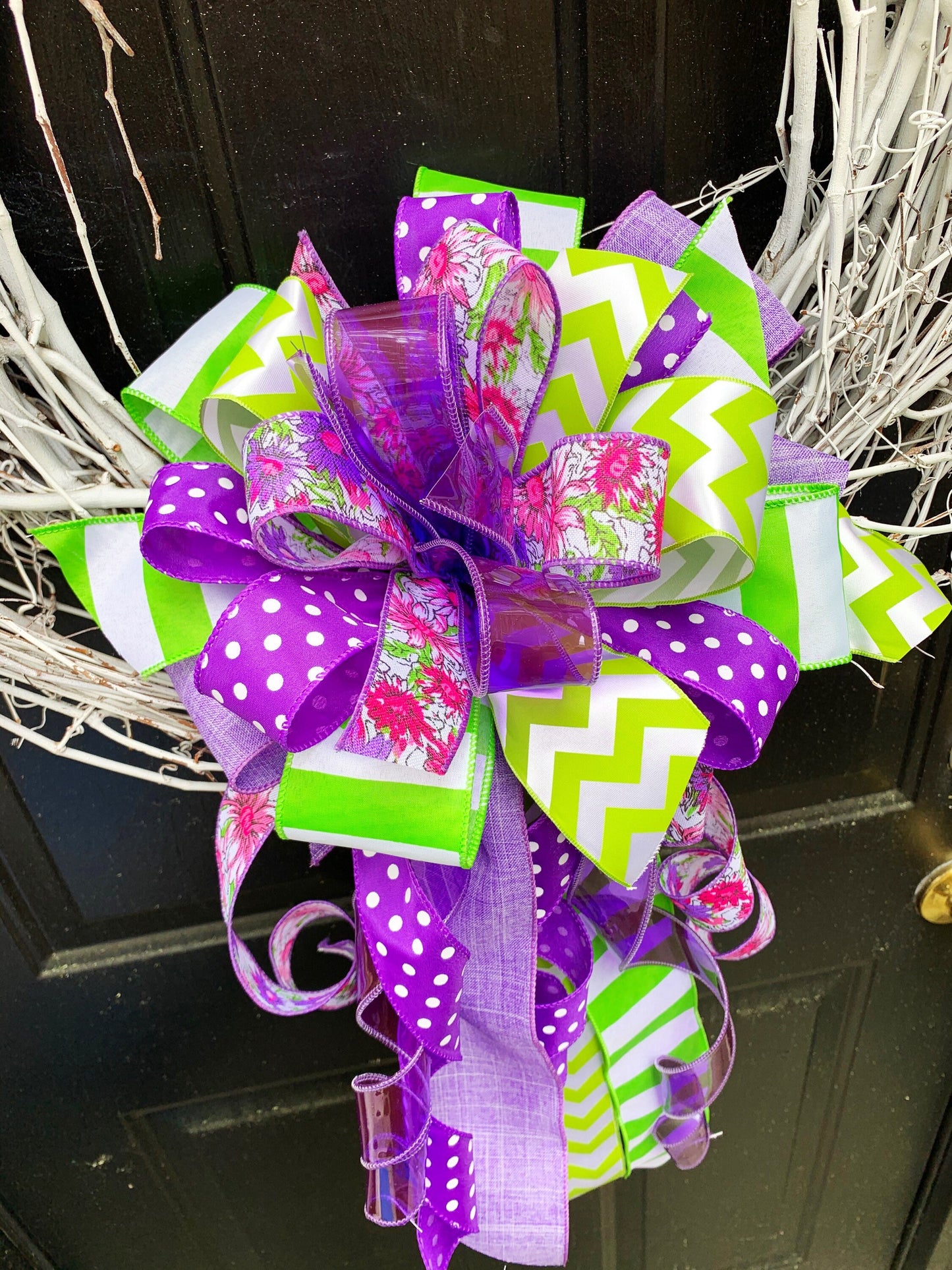 Floral Bow in Purple and Green with Polka Dots and Striped Ribbon. Perfect for Mailbox, Door, and Wreath.