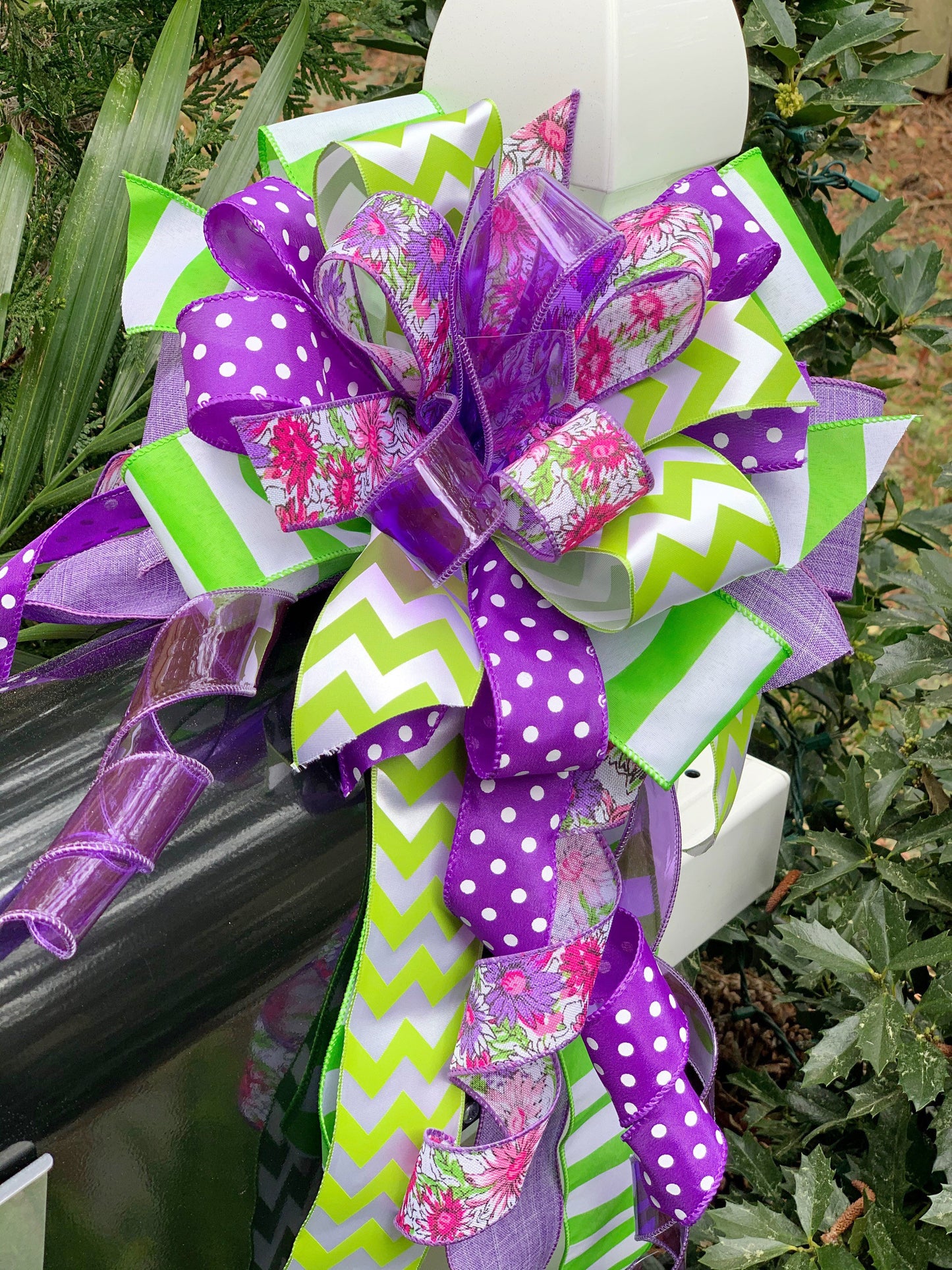 Floral Bow in Purple and Green with Polka Dots and Striped Ribbon. Perfect for Mailbox, Door, and Wreath.