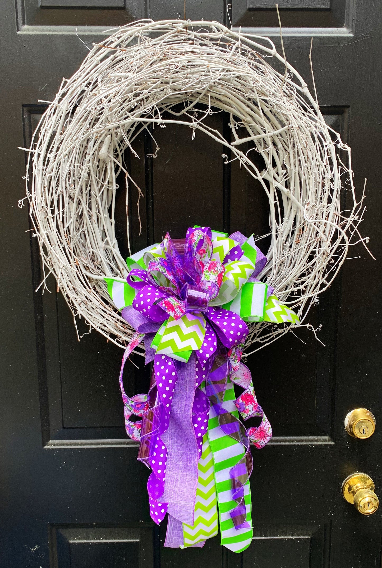 Floral Bow in Purple and Green with Polka Dots and Striped Ribbon. Perfect for Mailbox, Door, and Wreath.