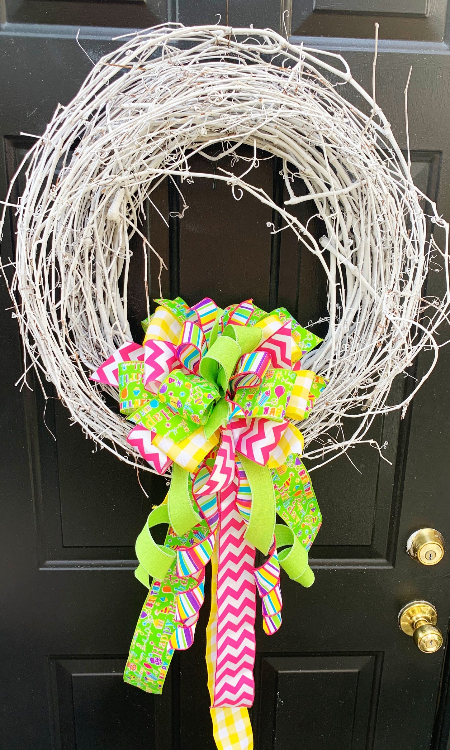 Birthday Bow in Multicolor Featuring Ribbon with Presents and Balloons. Perfect for Mailbox, Door, and Wreath.