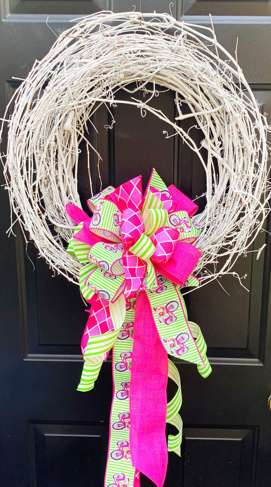 Summer Bow in Pink & Green Ribbon Featuring Bicycles! Perfect for Mailbox, Door, and Wreath.