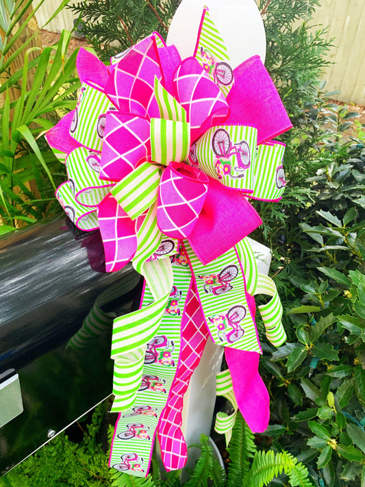 Summer Bow in Pink & Green Ribbon Featuring Bicycles! Perfect for Mailbox, Door, and Wreath.