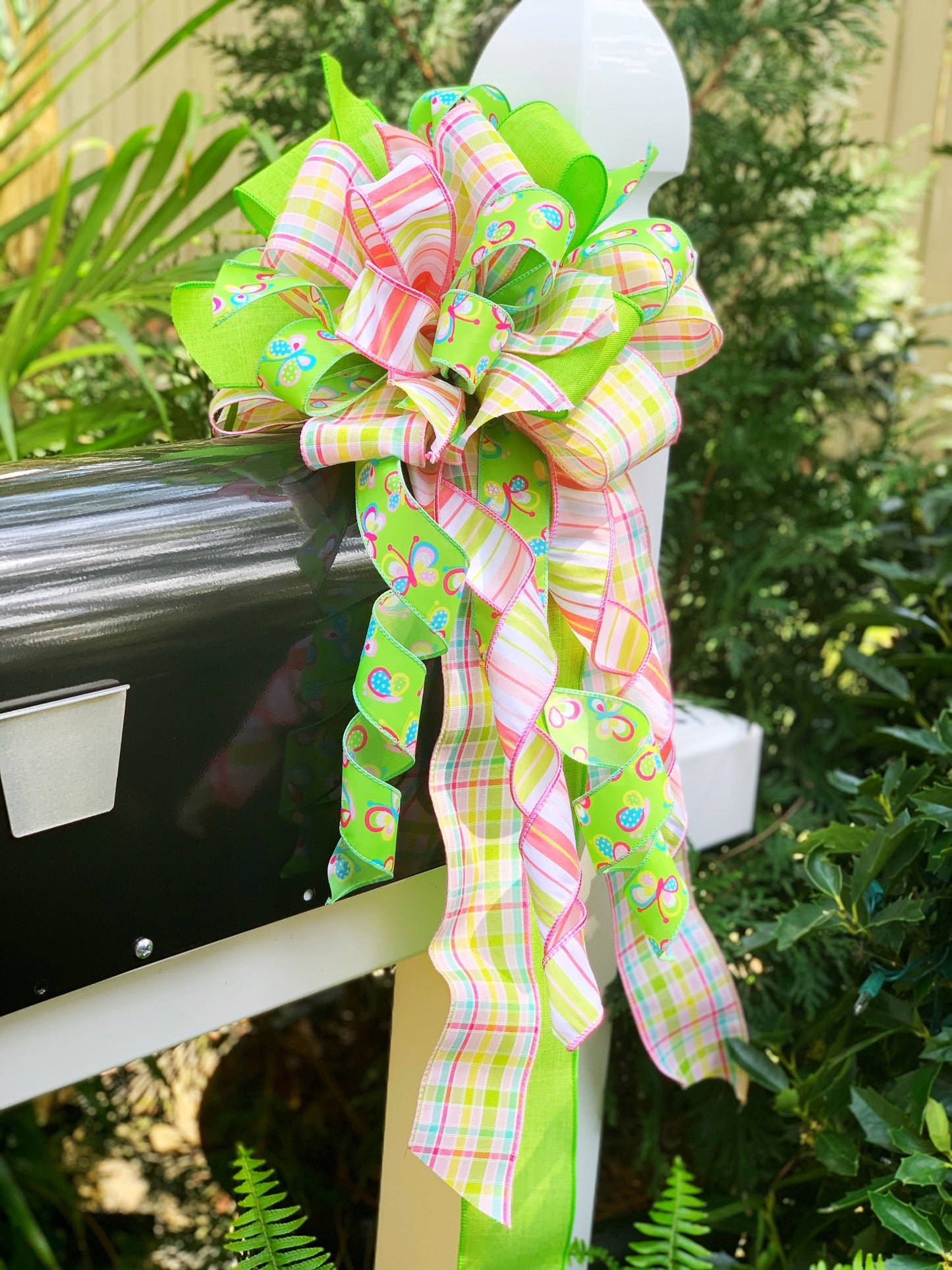 Spring Bow in Green & Light Pink Featuring Butterflies. Perfect for Mailbox, Door, and Wreath.