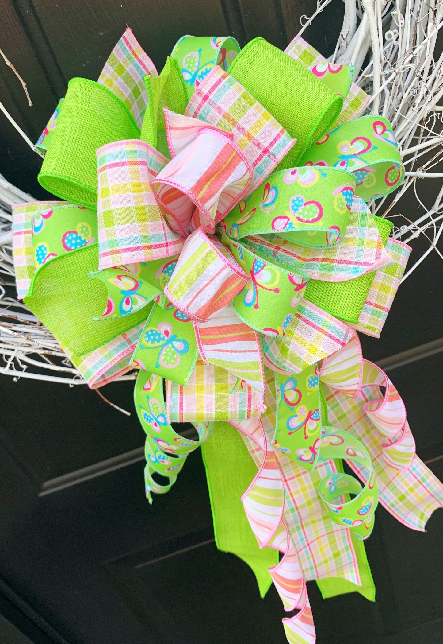 Spring Bow in Green & Light Pink Featuring Butterflies. Perfect for Mailbox, Door, and Wreath.