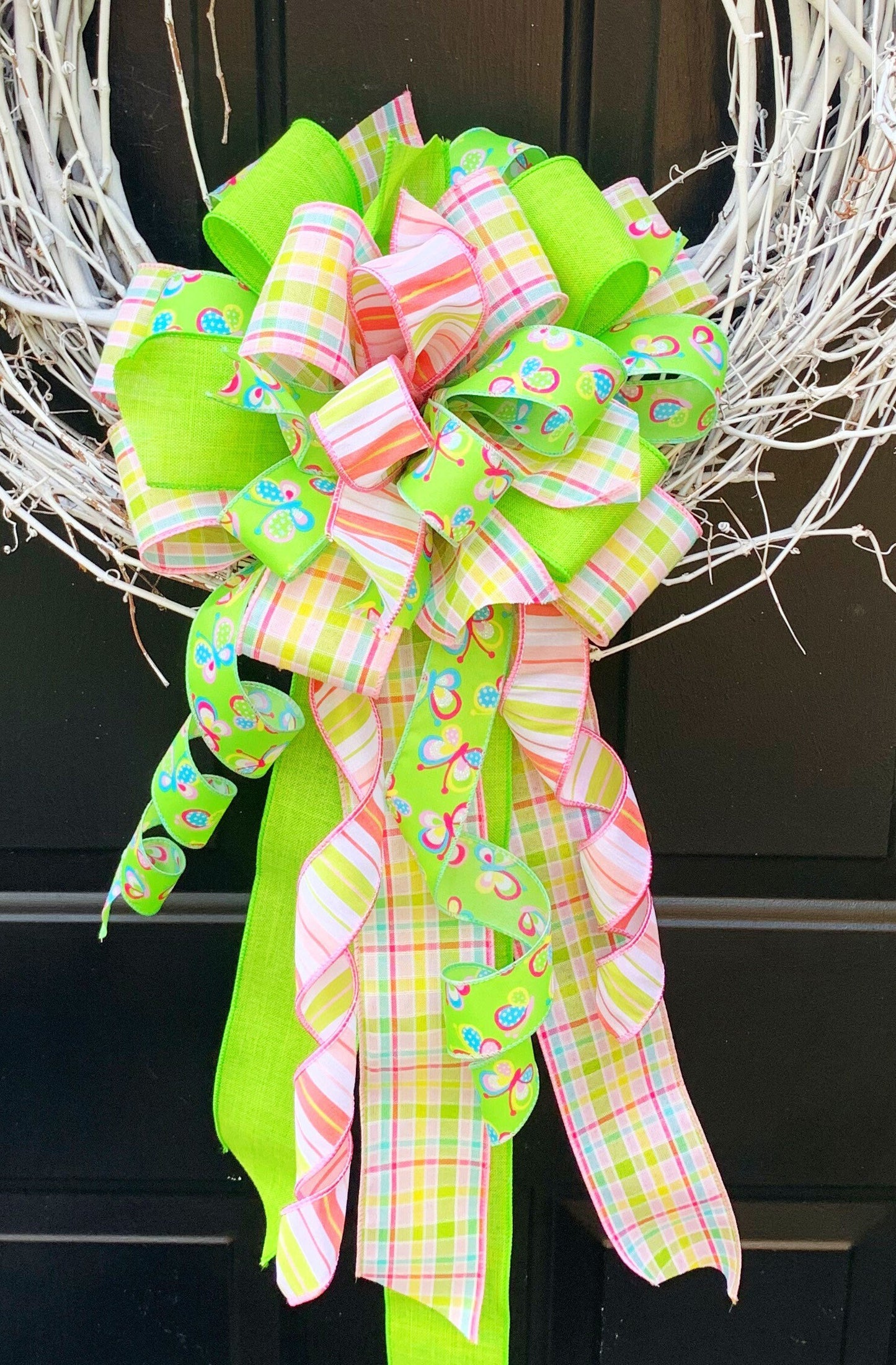 Spring Bow in Green & Light Pink Featuring Butterflies. Perfect for Mailbox, Door, and Wreath.