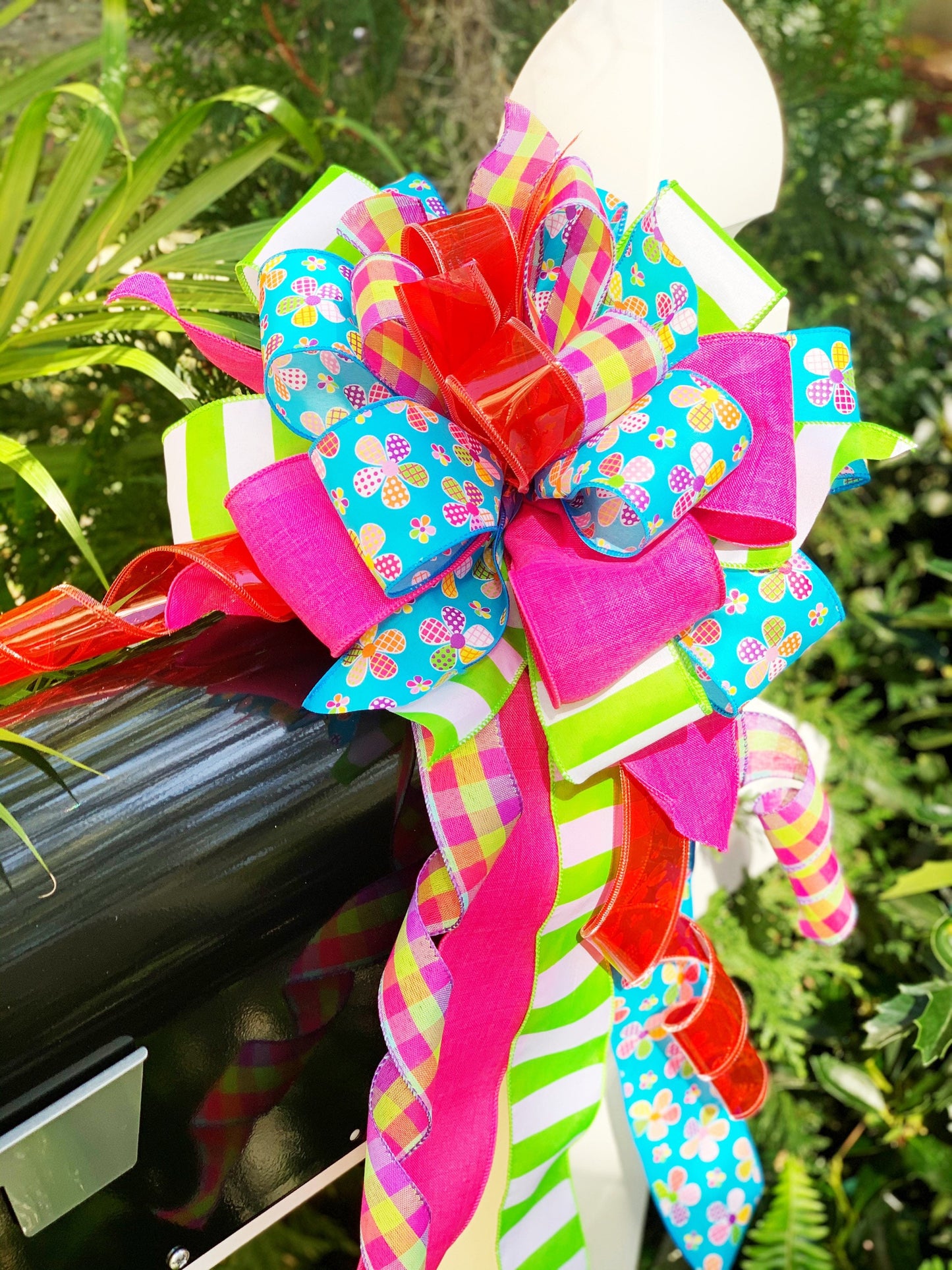 Summer Bow in Blue, Pink, Green, and Red Jelly Ribbon with Multiple Pattern Ribbon Featuring Flowers. Perfect for Mailbox, Door, and Wreath.