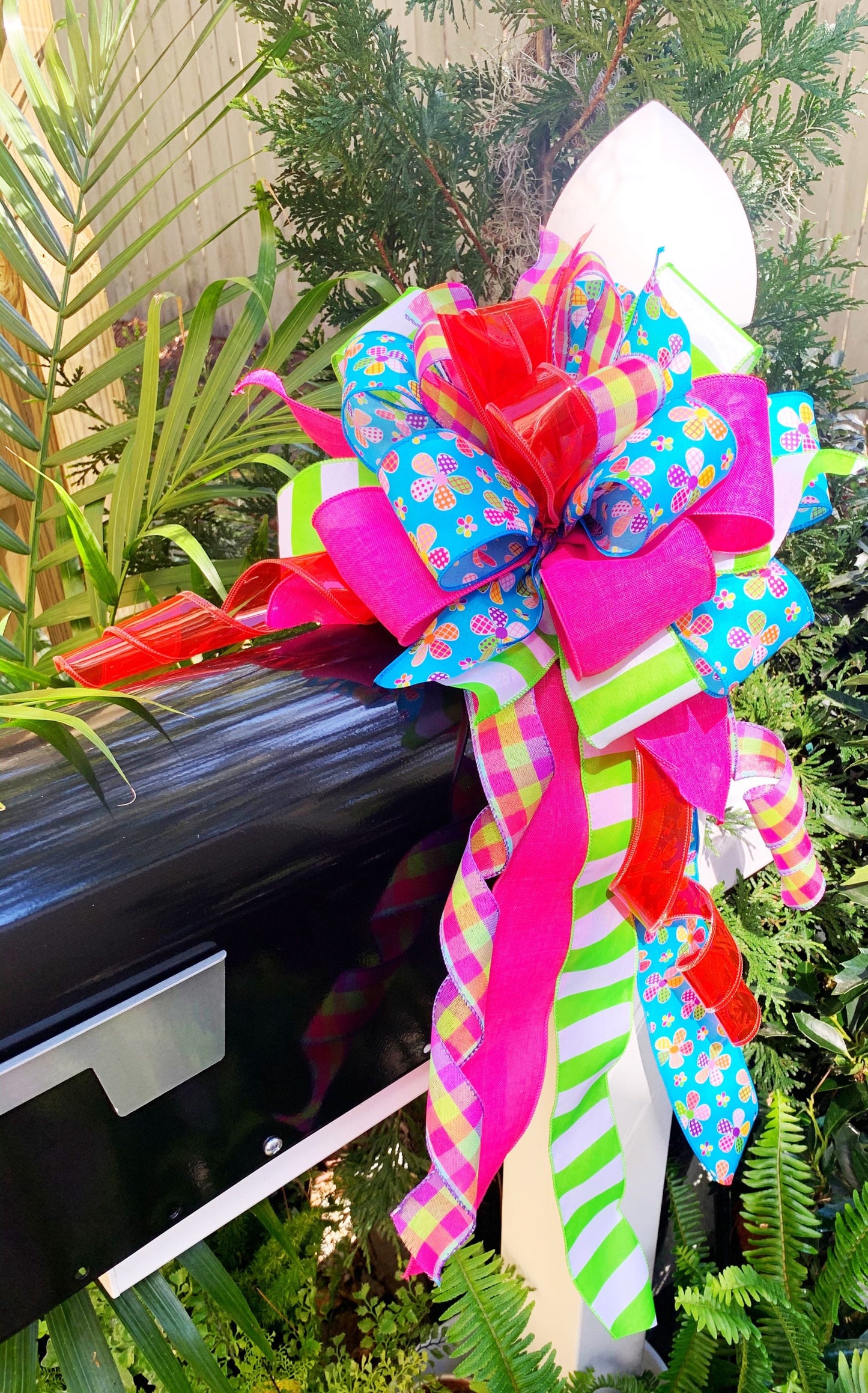 Summer Bow in Blue, Pink, Green, and Red Jelly Ribbon with Multiple Pattern Ribbon Featuring Flowers. Perfect for Mailbox, Door, and Wreath.