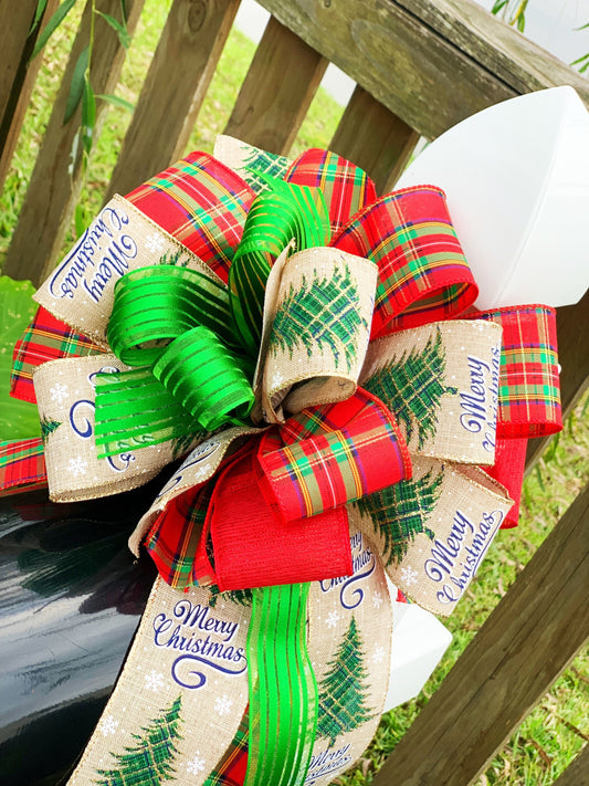 Christmas Bow in Green, Red, and Beige Featuring Christmas Tree with Merry Christmas Ribbon. Perfect for Mailbox, Door, and Wreath.