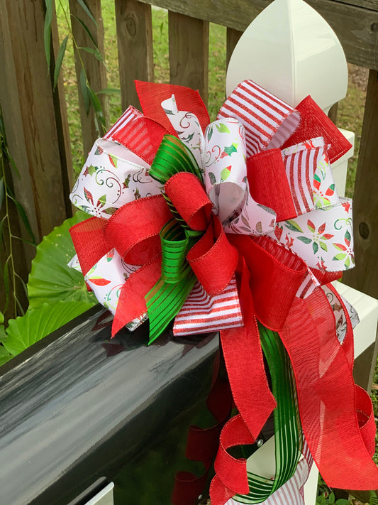 Christmas Bow in Red, White, and Green, Featuring Poinsettias. Perfect for Mailbox, Door, and Wreath.