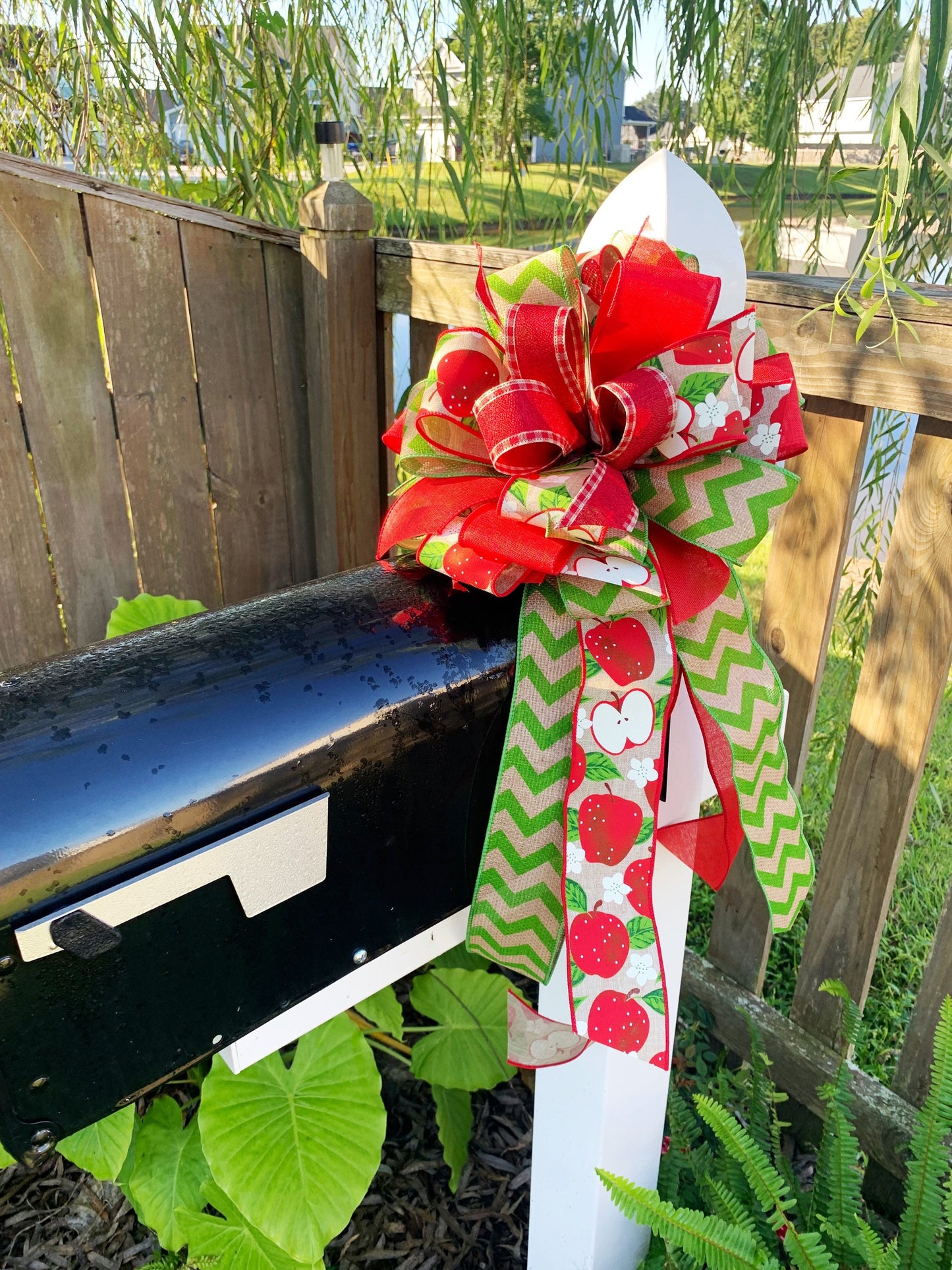 Apple Bow in Red, Green, & White. Perfect for Mailbox, Door, and Wreath.