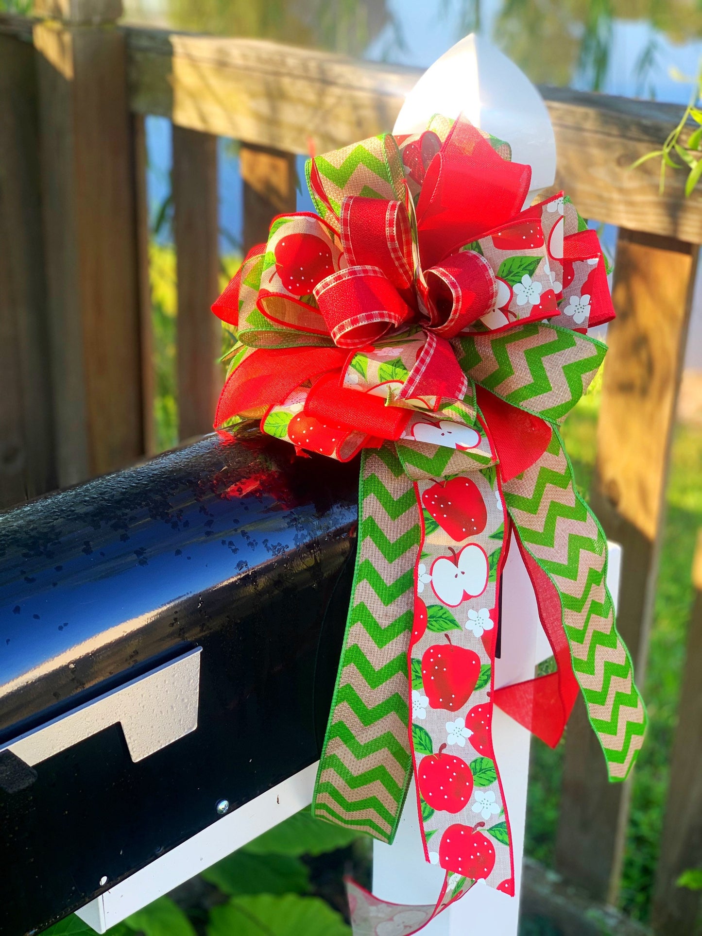 Apple Bow in Red, Green, & White. Perfect for Mailbox, Door, and Wreath.