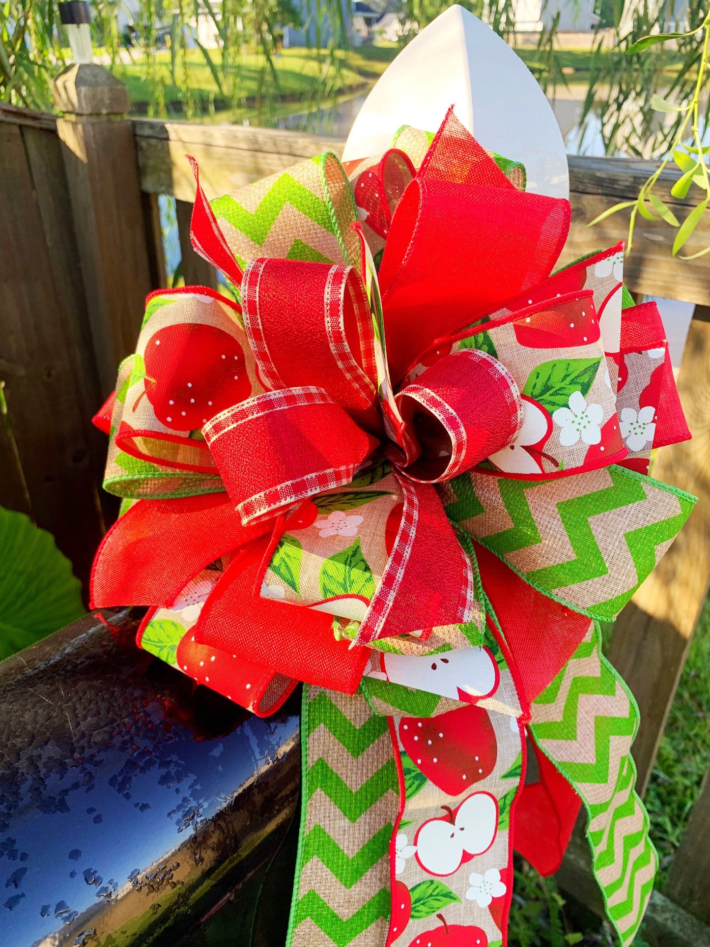 Apple Bow in Red, Green, & White. Perfect for Mailbox, Door, and Wreath.