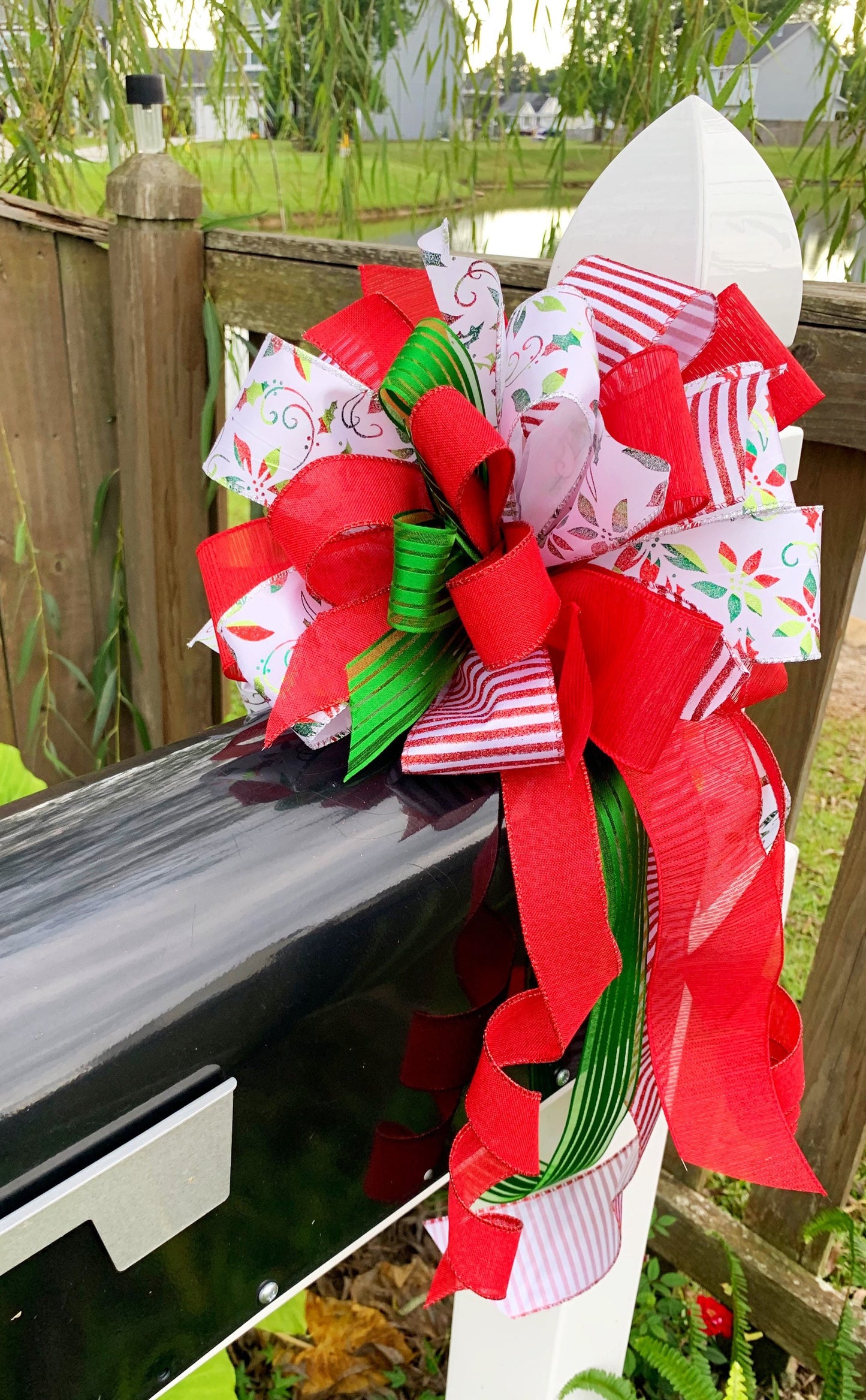 Christmas Bow in Red, White, and Green, Featuring Poinsettias. Perfect for Mailbox, Door, and Wreath.