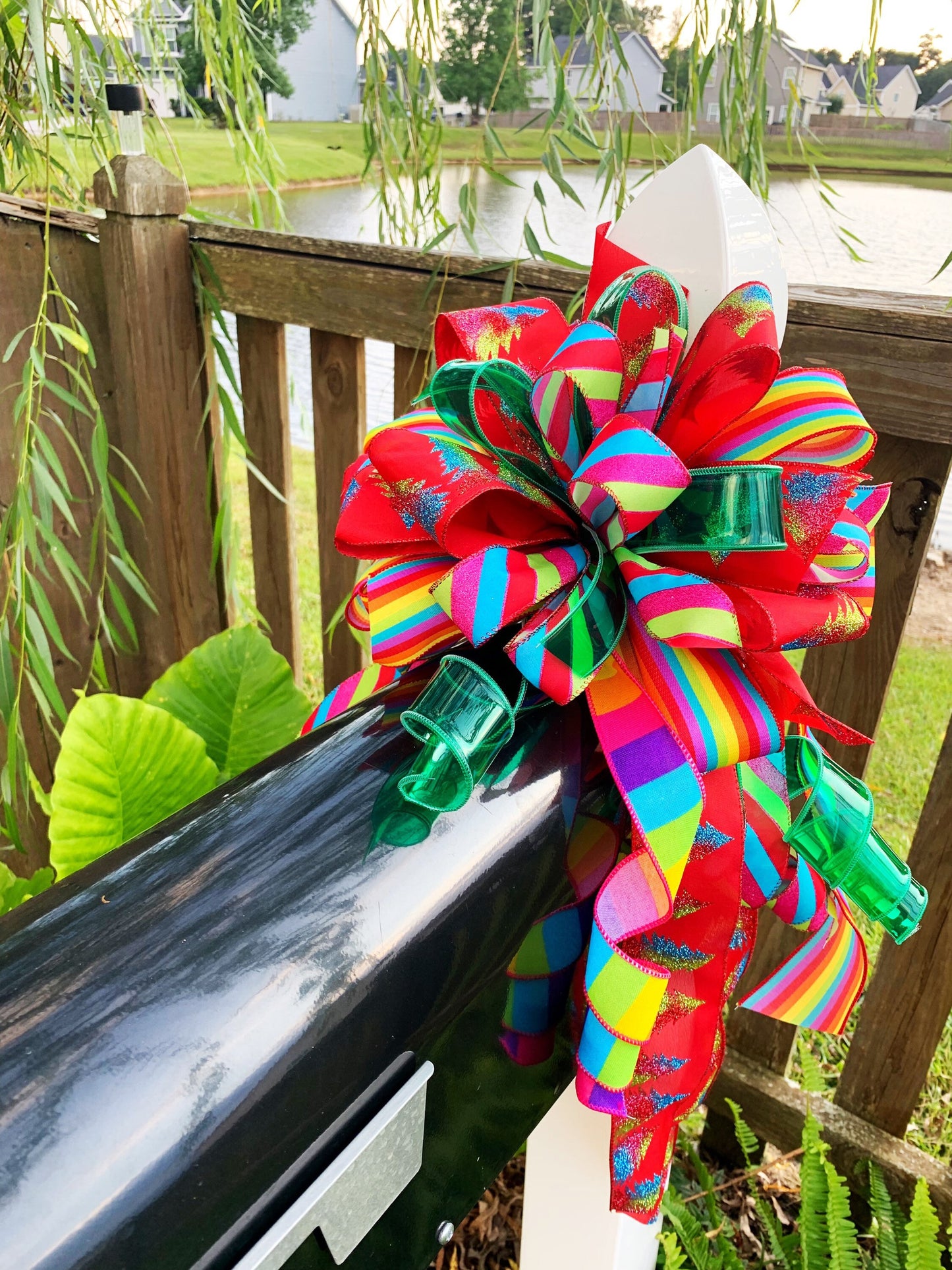 Christmas PRIDE Bow Featuring Multicolor and Pattern Ribbon. Perfect for Mailbox, Wreath, and Door.