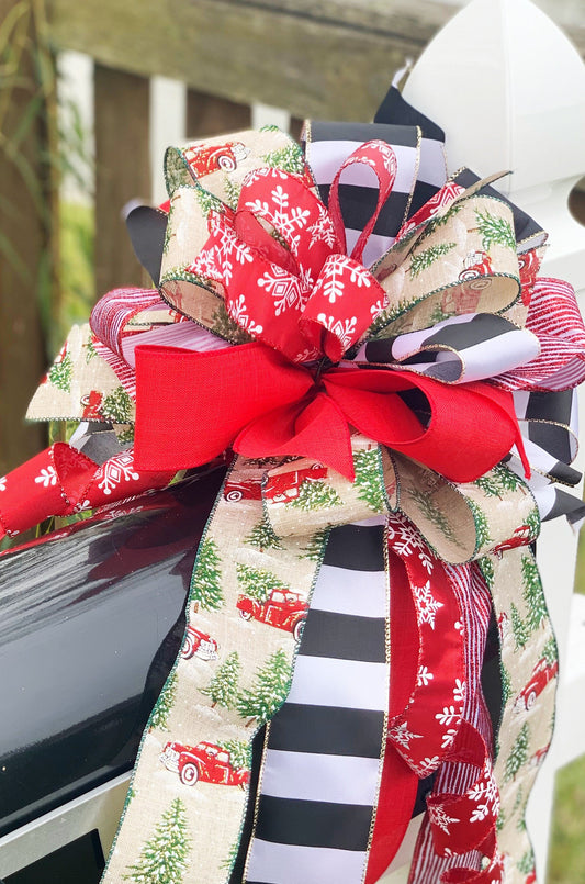 Christmas Bow Featuring Trucks and Snowflakes. Perfect for Mailbox, Door, and Wreath.