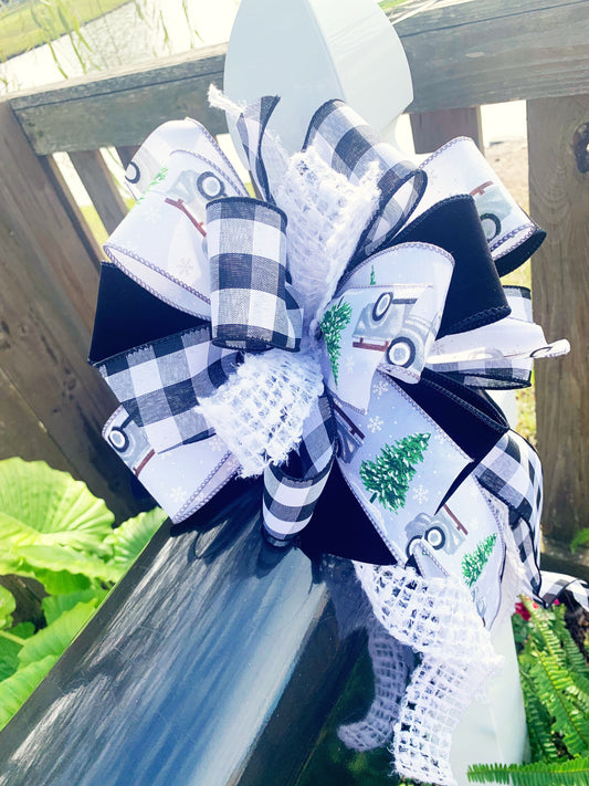 Christmas Bow in Black, Grey, and White, Featuring Trucks and Christmas Tree. Perfect for Mailbox, Door, and Wreath.