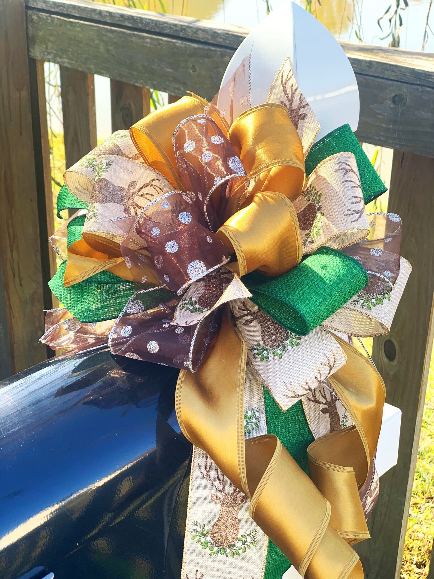 Christmas Bow Featuring Buck and Multipattern Ribbon. Perfect for Mailbox, Door, and Wreath.