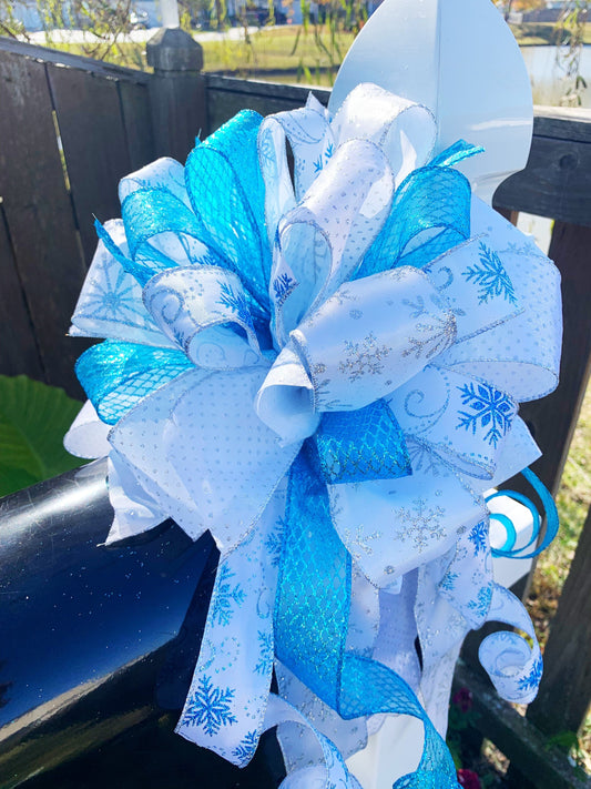 Winter Collection - Winter Bow, Winter Decor, Snowflakes, Snowflake Bow, Snowflake Decor, Blue Bow, Silver Bow, Wreath Bow, Mailbox Bow