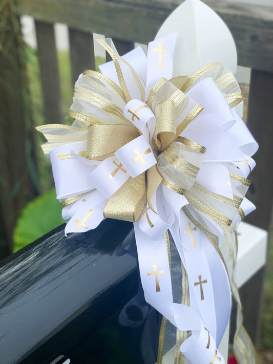 Sympathy Collection - Sympathy,Religious, Cross,Cross Bow,Religious Bow,Sympathy Bow,Gold Bow,White Bow,Gold Cross,Wreath Bow, Mailbox Bow