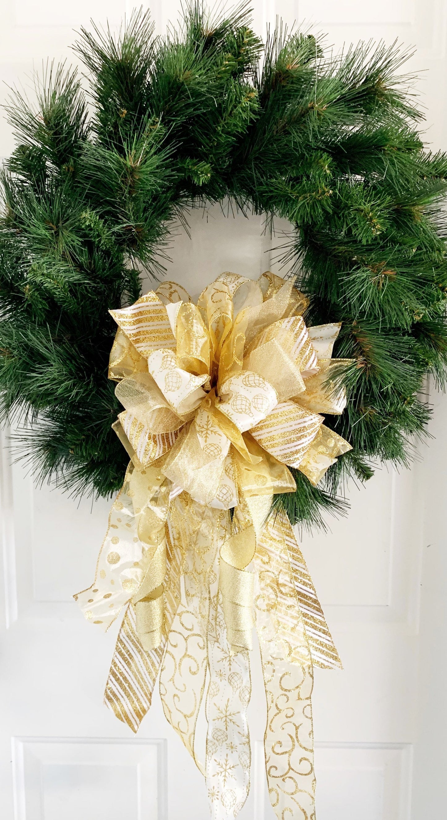 Christmas Bow in Cream and Gold, Featuring Gold Ornaments. Perfect for Mailbox, Door, and Wreath.