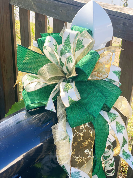 Christmas Bow in Green and Gold, Featuring Christmas Tree Ribbon. Perfect for Mailbox, Door, and Wreath.