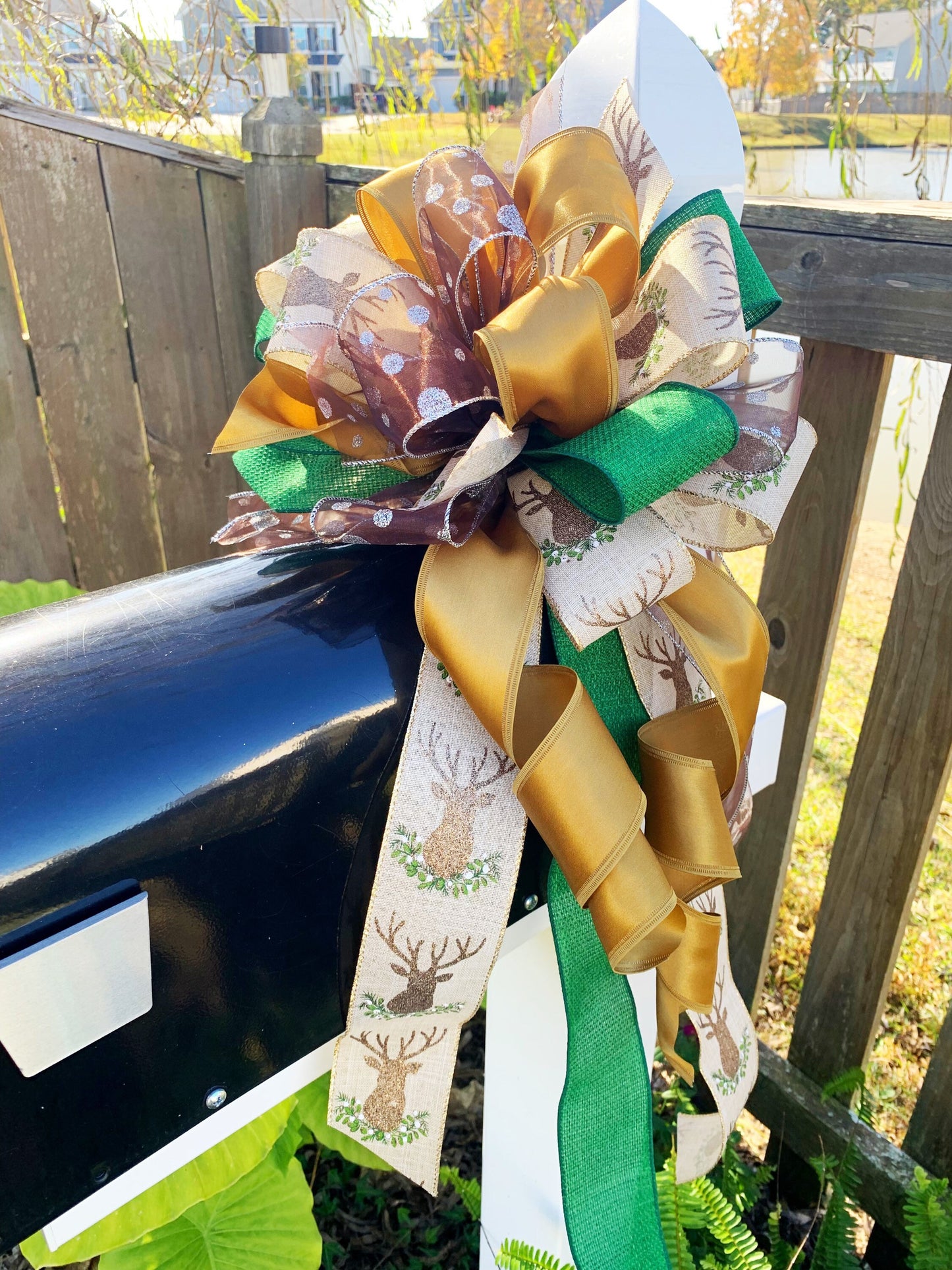 Christmas Bow Featuring Buck and Multipattern Ribbon. Perfect for Mailbox, Door, and Wreath.