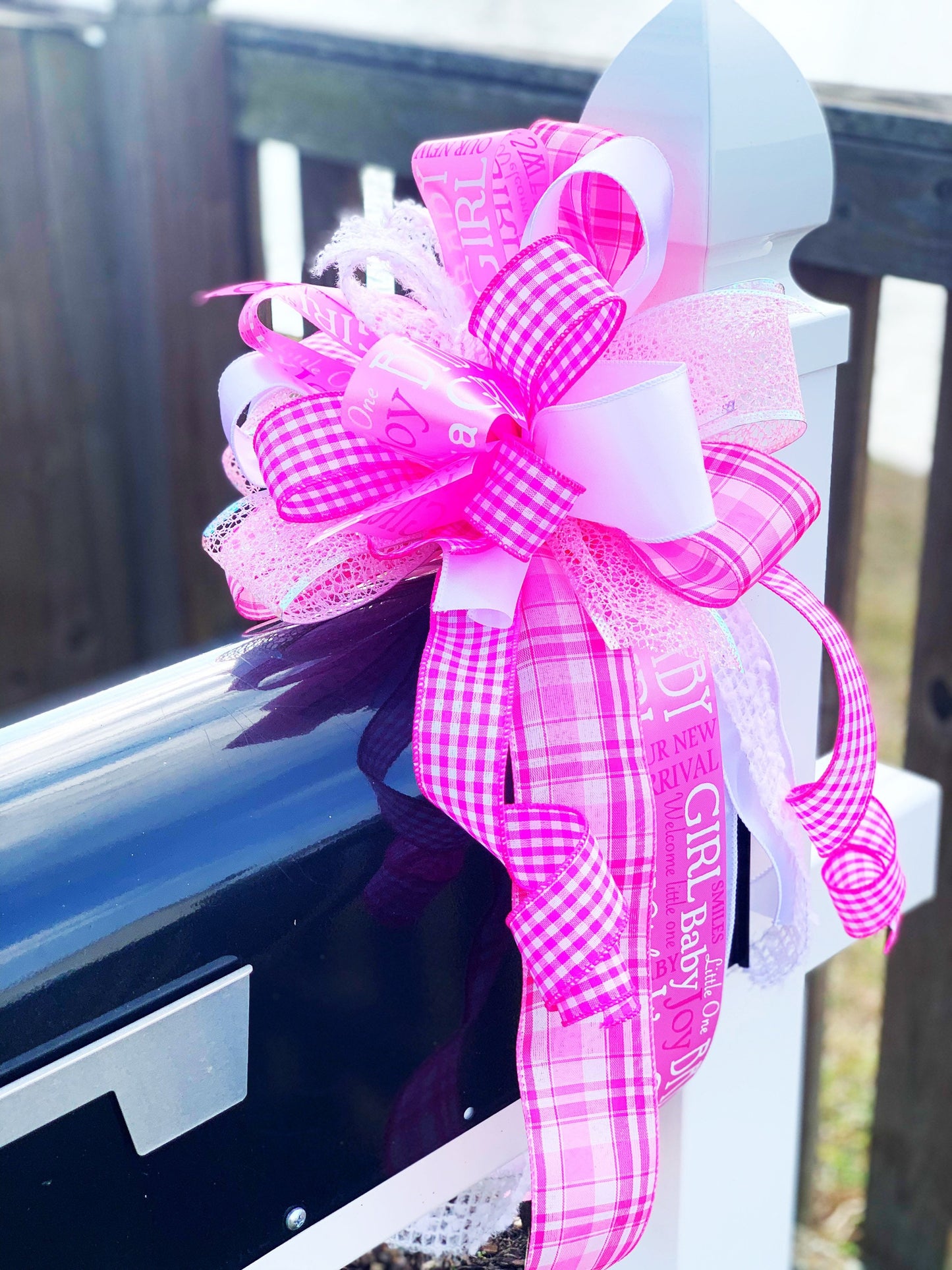 Baby Girl Bow in Pink & White with Premium Ribbon. Perfect for Mailbox, Door, and Wreath.