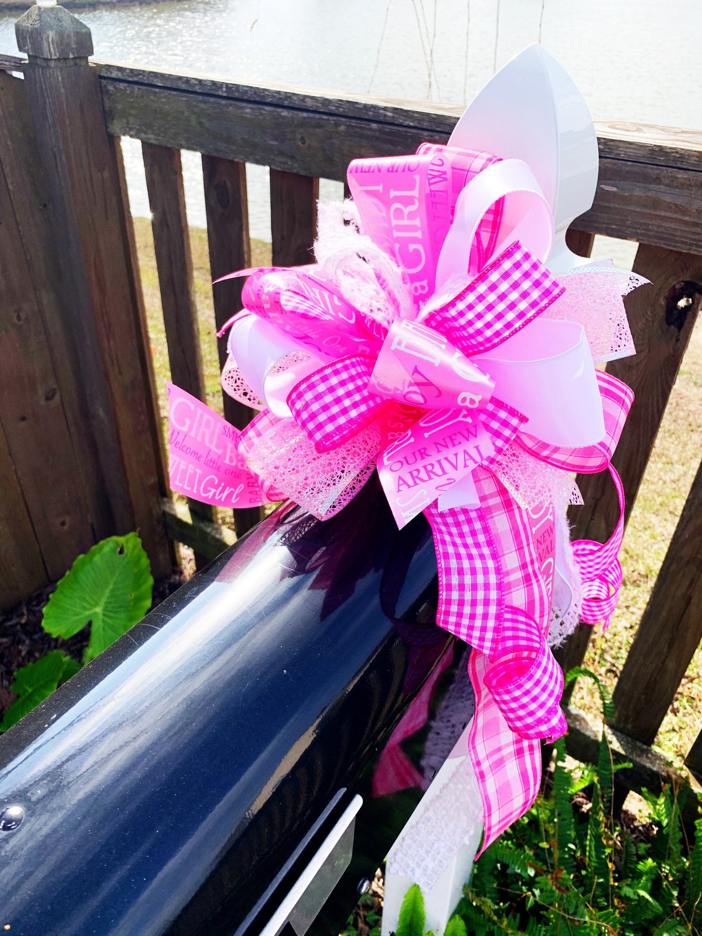 Baby Girl Bow in Pink & White with Premium Ribbon. Perfect for Mailbox, Door, and Wreath.