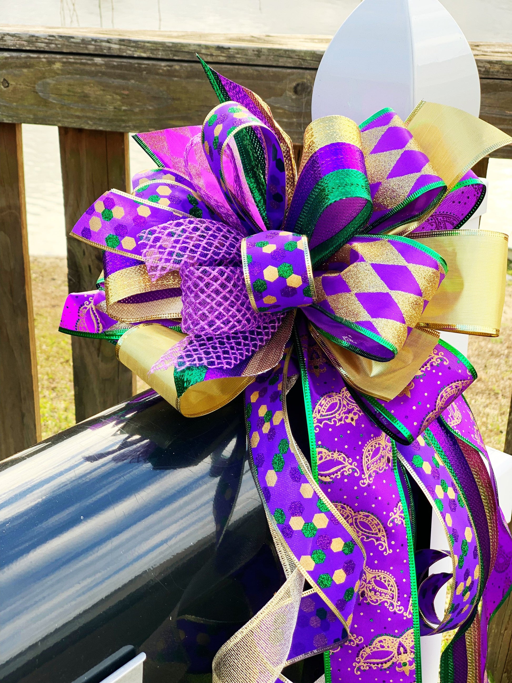 Purple Metallic Mardi Gras Script Wreath Bow