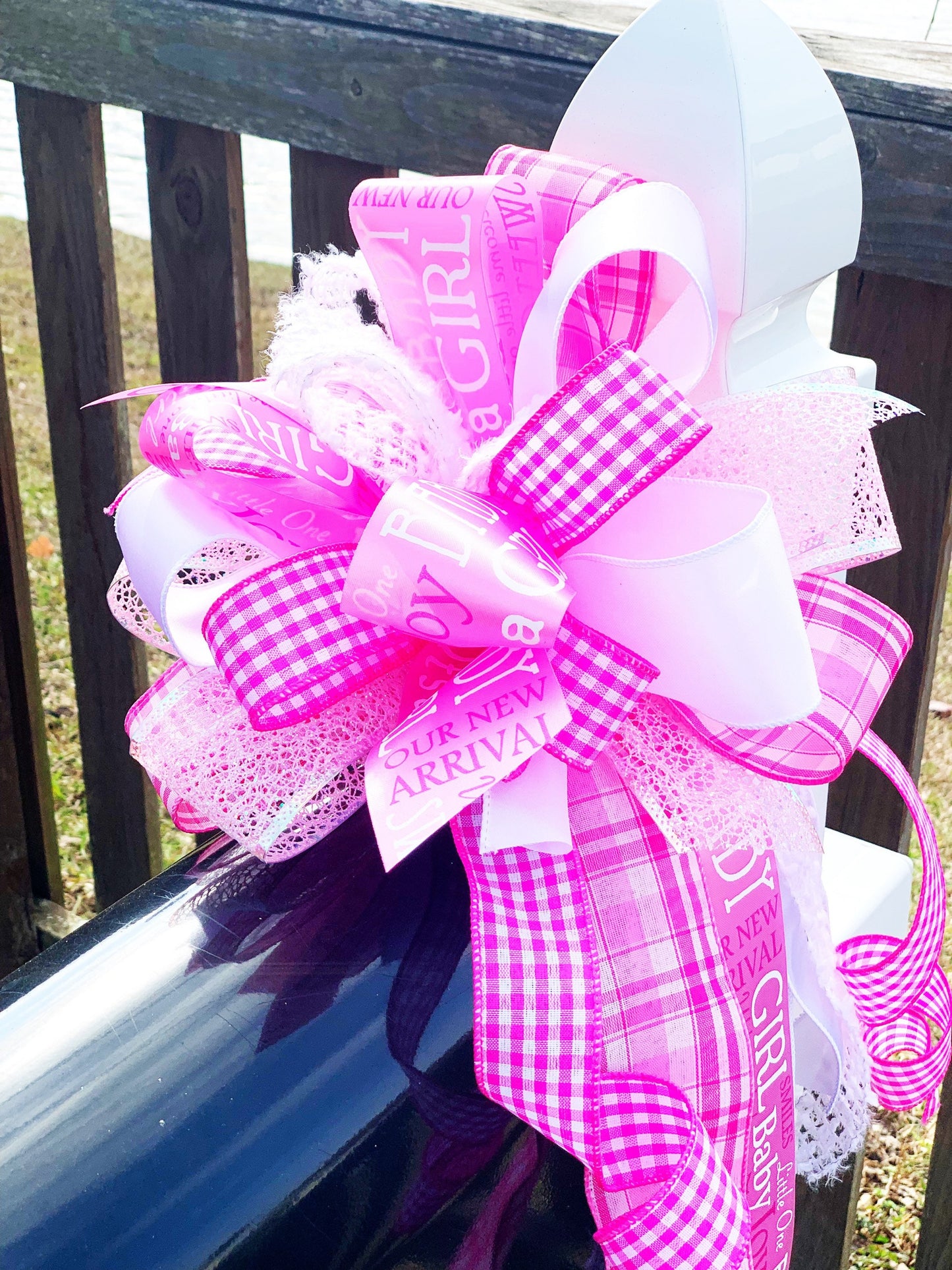 Baby Girl Bow in Pink & White with Premium Ribbon. Perfect for Mailbox, Door, and Wreath.