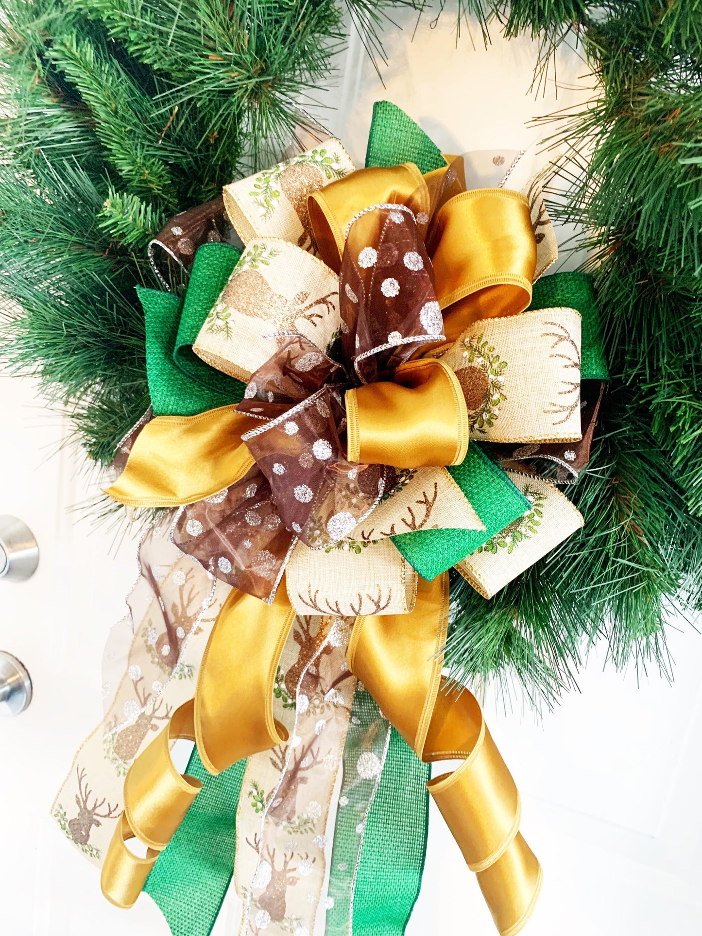 Christmas Bow Featuring Buck and Multipattern Ribbon. Perfect for Mailbox, Door, and Wreath.