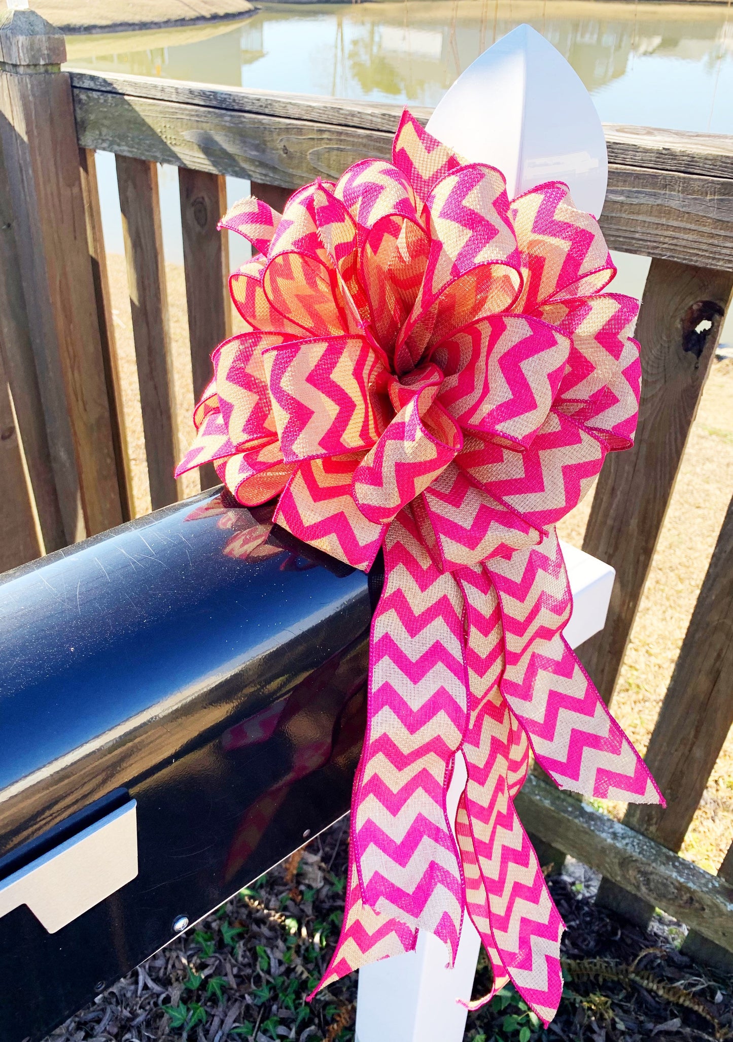 Hot Pink Chevron & Burlap Bow. Perfect for Mailbox, Door, and Wreath.