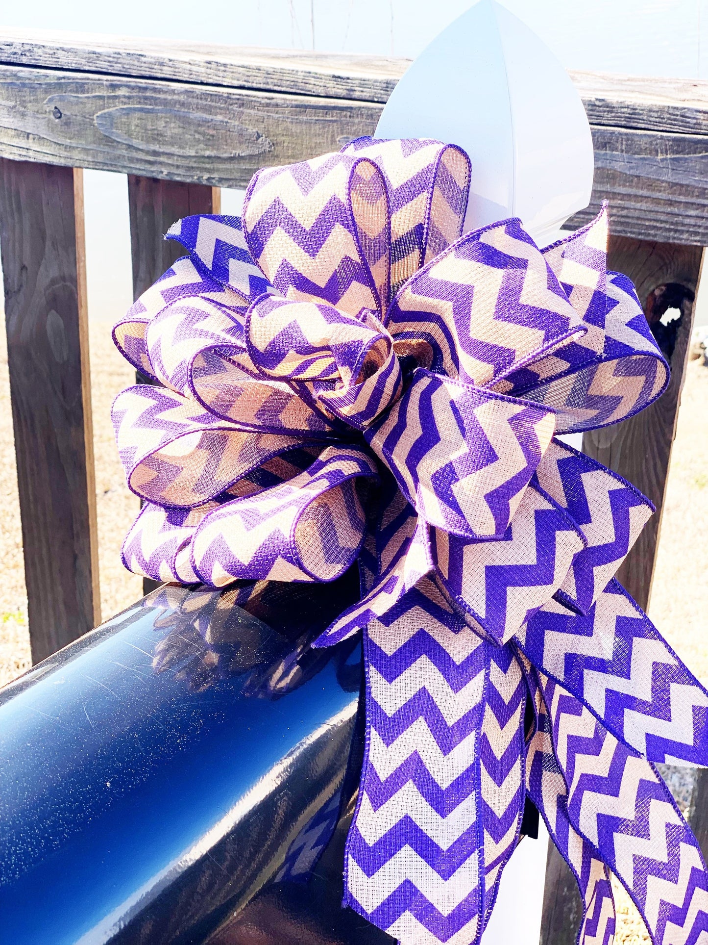 Purple Chevron and Burlap Bow. Perfect for Mailbox, Door, and Wreath.