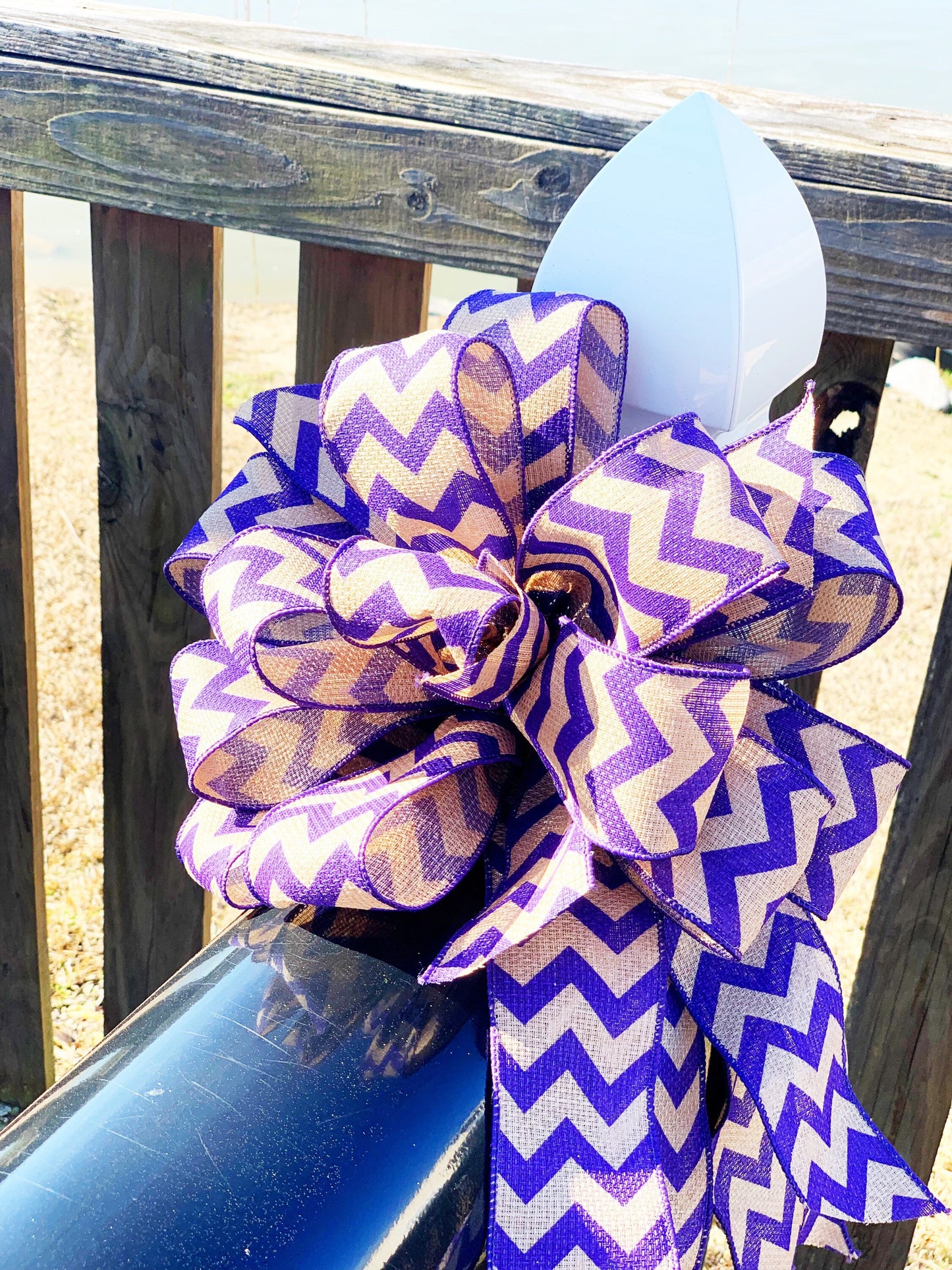 Purple Chevron and Burlap Bow. Perfect for Mailbox, Door, and Wreath.