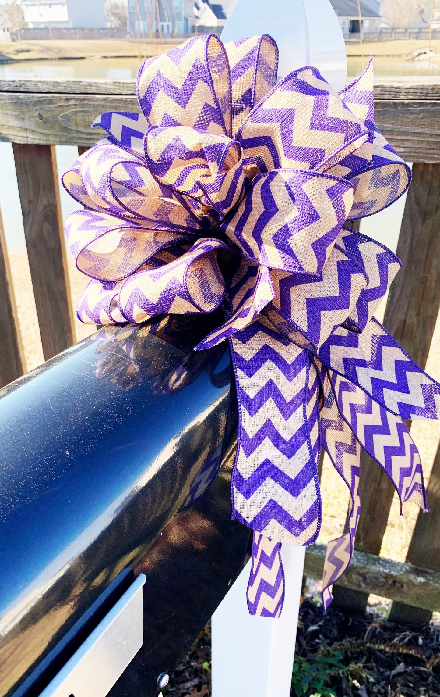 Purple Chevron and Burlap Bow. Perfect for Mailbox, Door, and Wreath.