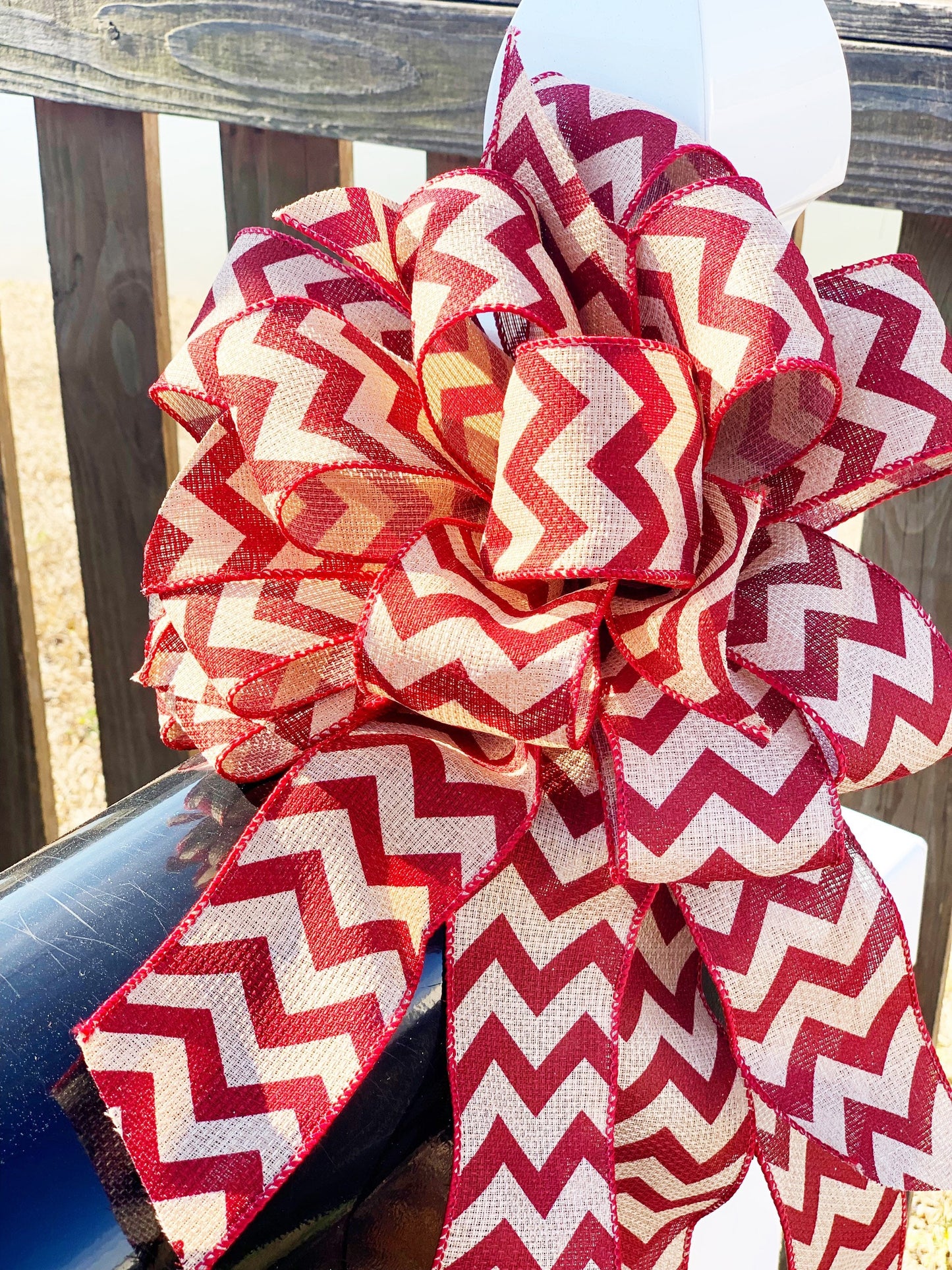 Chevron Bow with Rust and Burlap Ribbon. Perfect for Mailbox, Door, and Wreath.