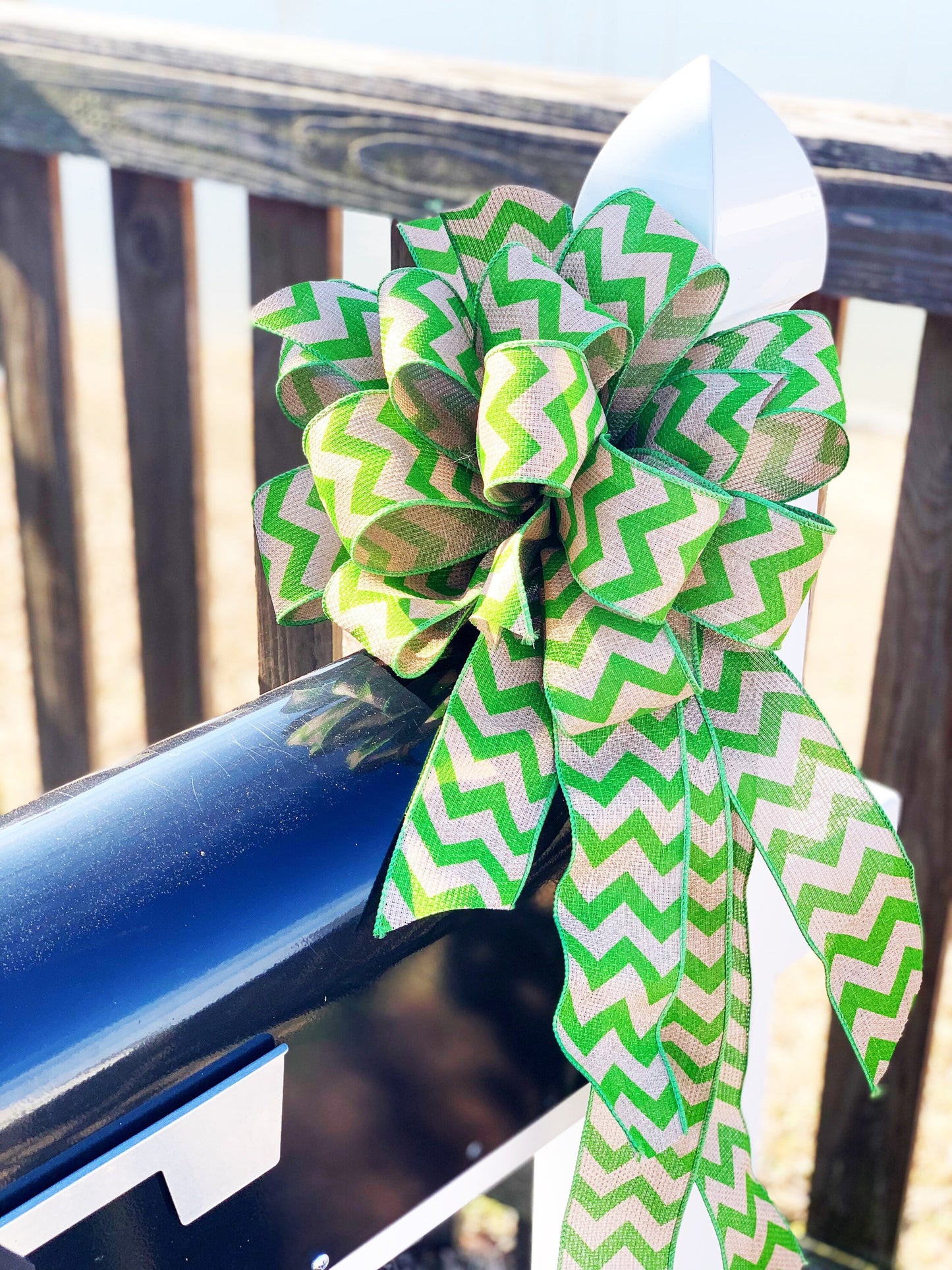 Celery Green Chevron and Burlap Bow. Perfect for Mailbox, Door, and Wreath.