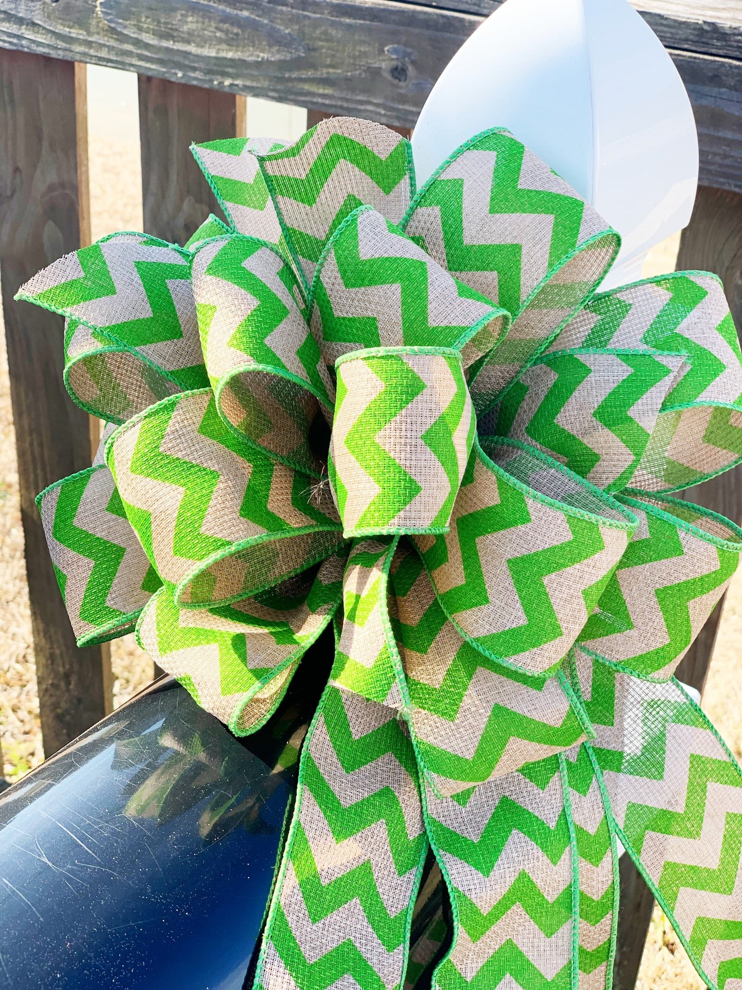 Celery Green Chevron and Burlap Bow. Perfect for Mailbox, Door, and Wreath.