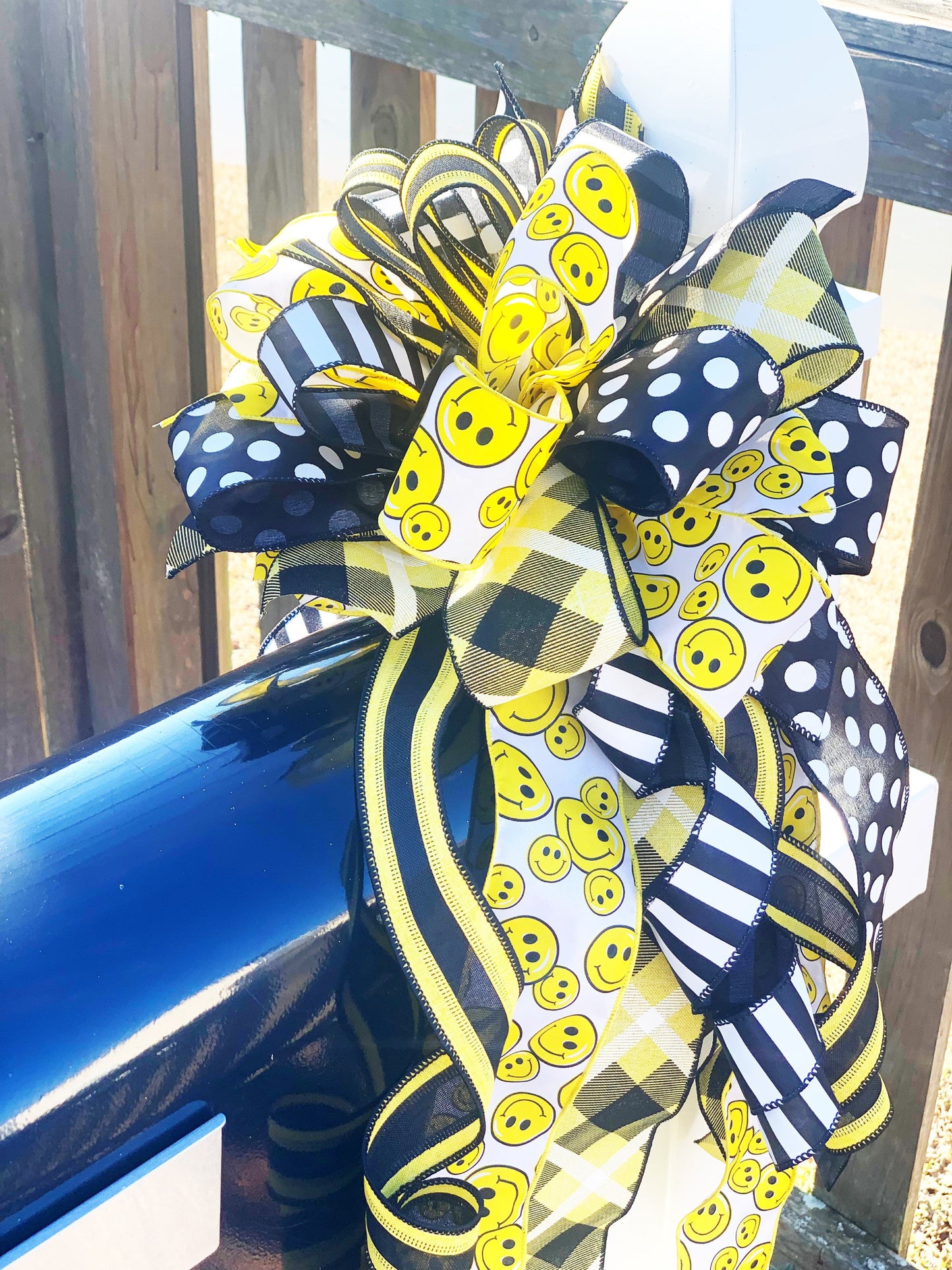 Smiley Bow in Yellow, Black, & White with Multiple Pattern Ribbon. Perfect for Mailbox, Door, and Wreath.