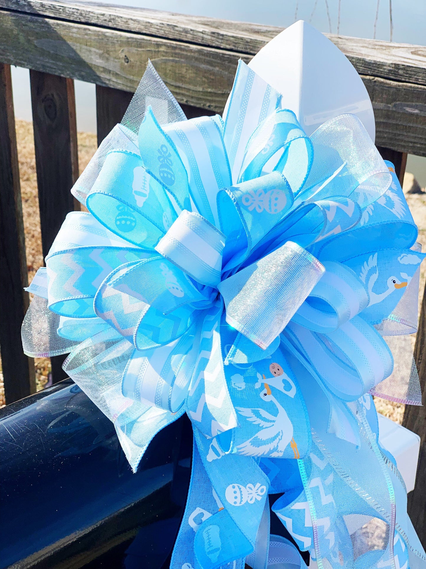 Baby Boy Bow in Light Blue and White. Perfect for Mailbox, Door, and Wreath.