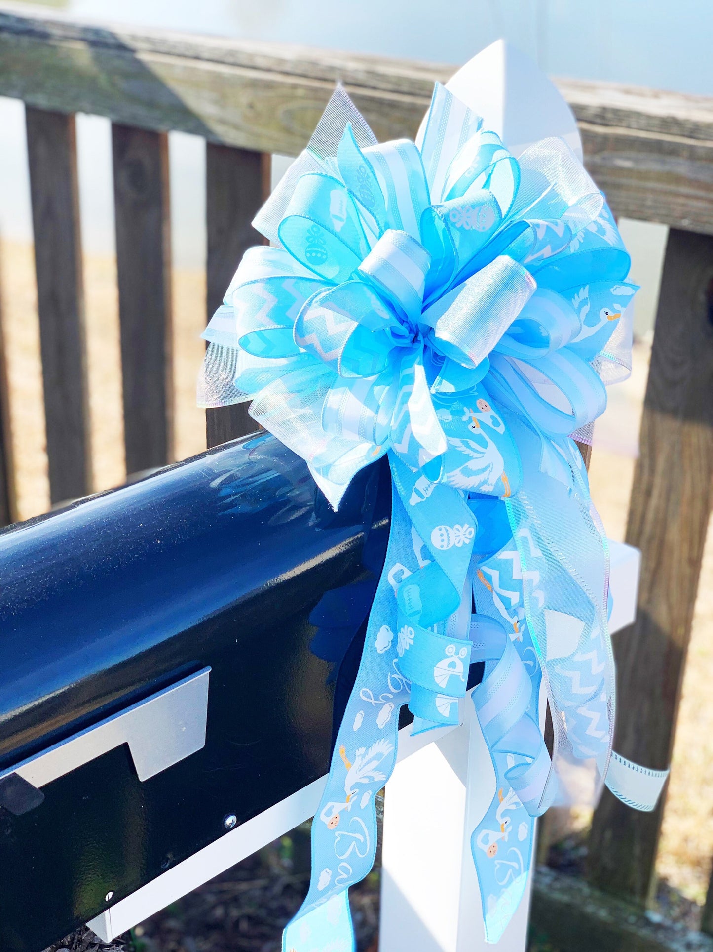 Baby Boy Bow in Light Blue and White. Perfect for Mailbox, Door, and Wreath.