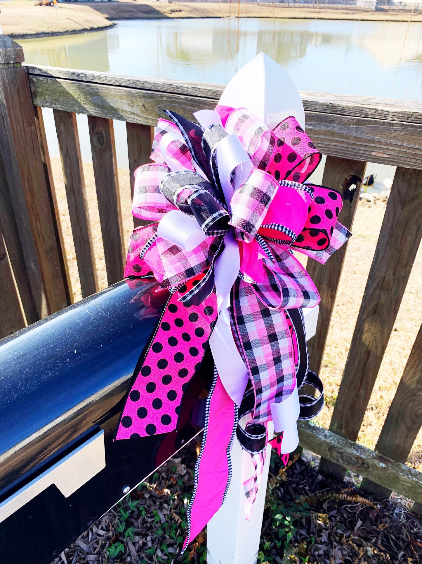 Hot Pink, Black, & White Bow with Multi Pattern Ribbons. Perfect for Mailbox, Door, and Wreath.