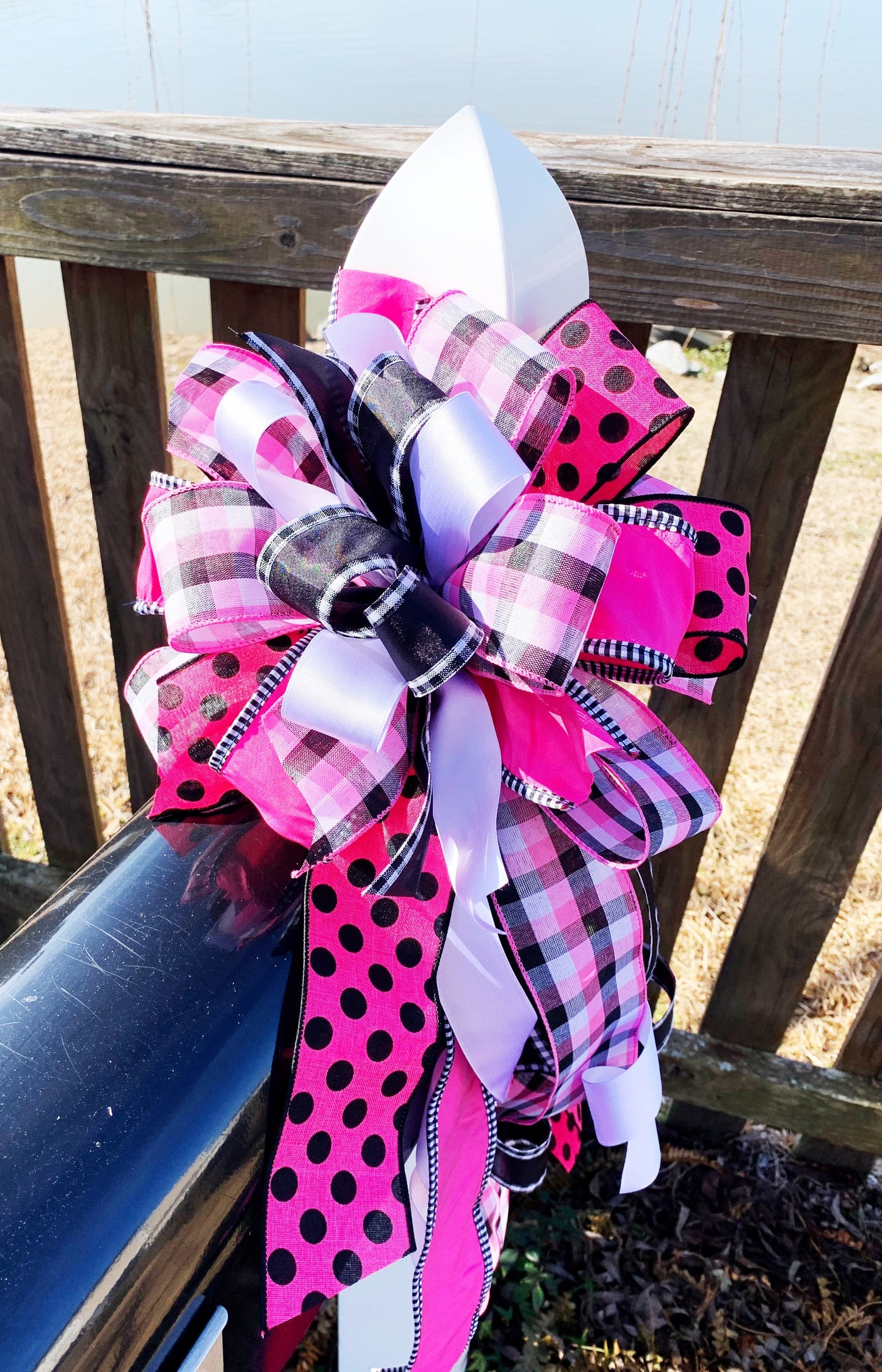 Hot Pink, Black, & White Bow with Multi Pattern Ribbons. Perfect for Mailbox, Door, and Wreath.