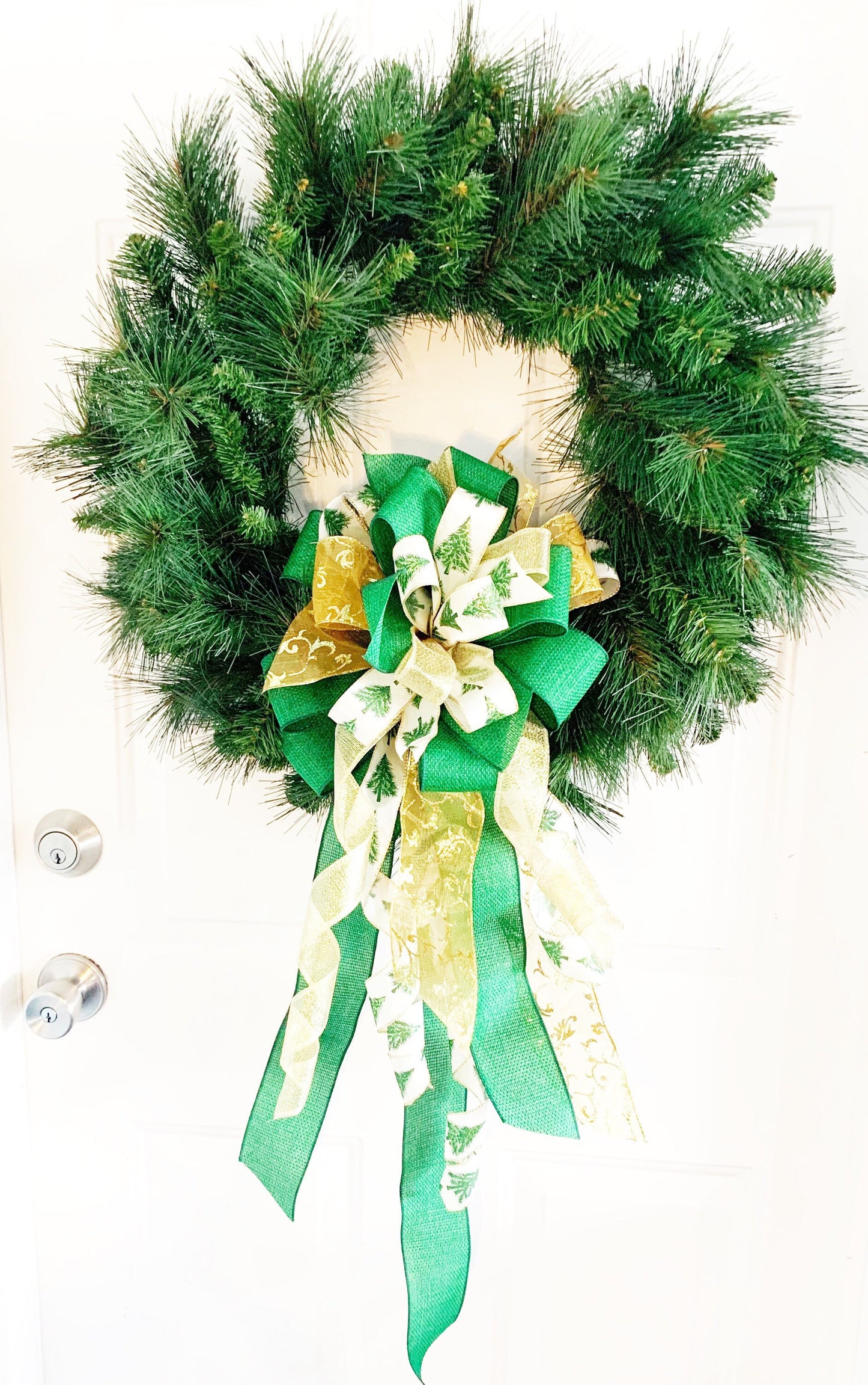 Christmas Bow in Green and Gold, Featuring Christmas Tree Ribbon. Perfect for Mailbox, Door, and Wreath.