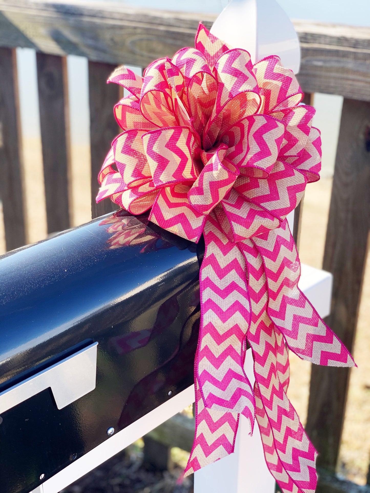 Hot Pink Chevron & Burlap Bow. Perfect for Mailbox, Door, and Wreath.