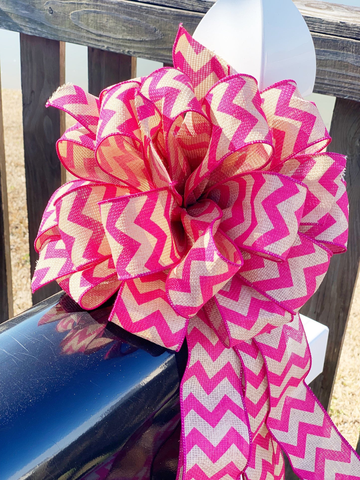 Hot Pink Chevron & Burlap Bow. Perfect for Mailbox, Door, and Wreath.